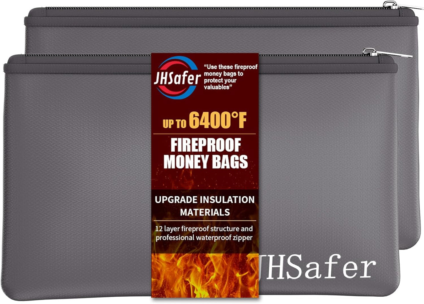 6400℉ Fireproof and Waterproof Money Bags 2pcs with Zipper,11''x6.3'' Fireproof Cash Bag with Zipper,Fireproof Wallet Envelope Safe Pouch Fireproof Bags for Cash Passports Keys Jewellery (Gray)