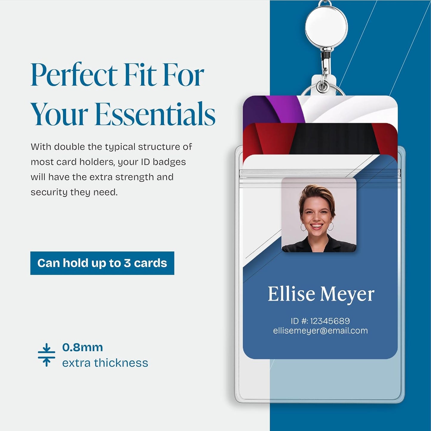 Will Well Retractable Beaded Badge Reel Lanyard with Keyring for Women - Vertical Plastic 3.58" x 2.52" Sleeves Fit Up to 3 Cards - Stainless Steel Necklace with Pull Cord - 1-Pack, Clear Case