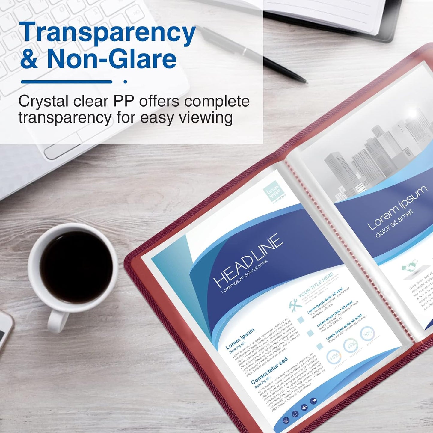 Sooez 30-Pocket Binder with Plastic Sleeves 8.5x11" (Ruby), Heavy Duty Art Portfolio Folder with Clear Sheet Protectors, Display 60 Pages, Presentation Book for Artwork, Document Organizer Binder