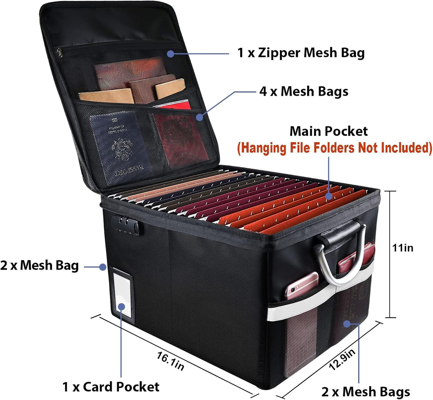 Fireproof Document File Organizer Box, Fireproof Safe Box with Lock, Portable Office Storage Cabinet for Hanging Letter/Legal Folder 16.1 x 12.9 x 11in