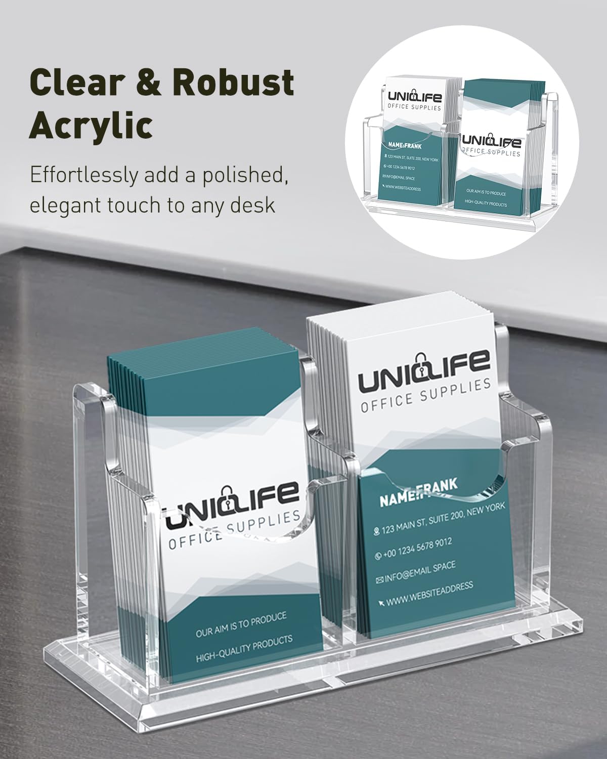 Uniclife Acrylic Business Card Holder for Desk 2 Slot Clear Vertical Business Card Display Stand for Men and Women Desktop Name Card Organizer Card Stand for Office Home Exhibition, 120 Card Capacity