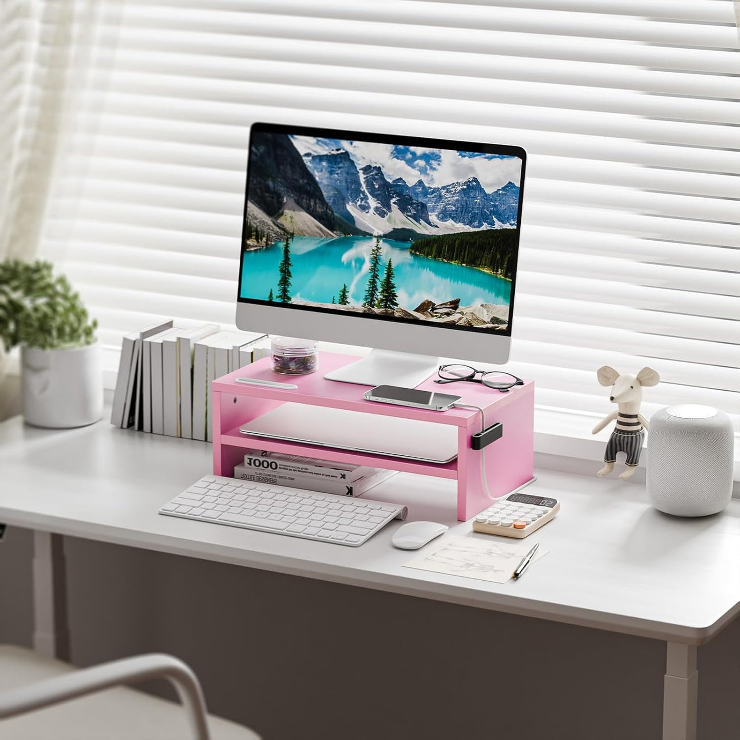 Marbrasse Monitor Stand Riser, 16.5 Inch 2 Tier Computer Printer Shelf Stand for Laptop Computer Screen Storage, Desktop Stand with Phone Holder and Cable Management (Pink)