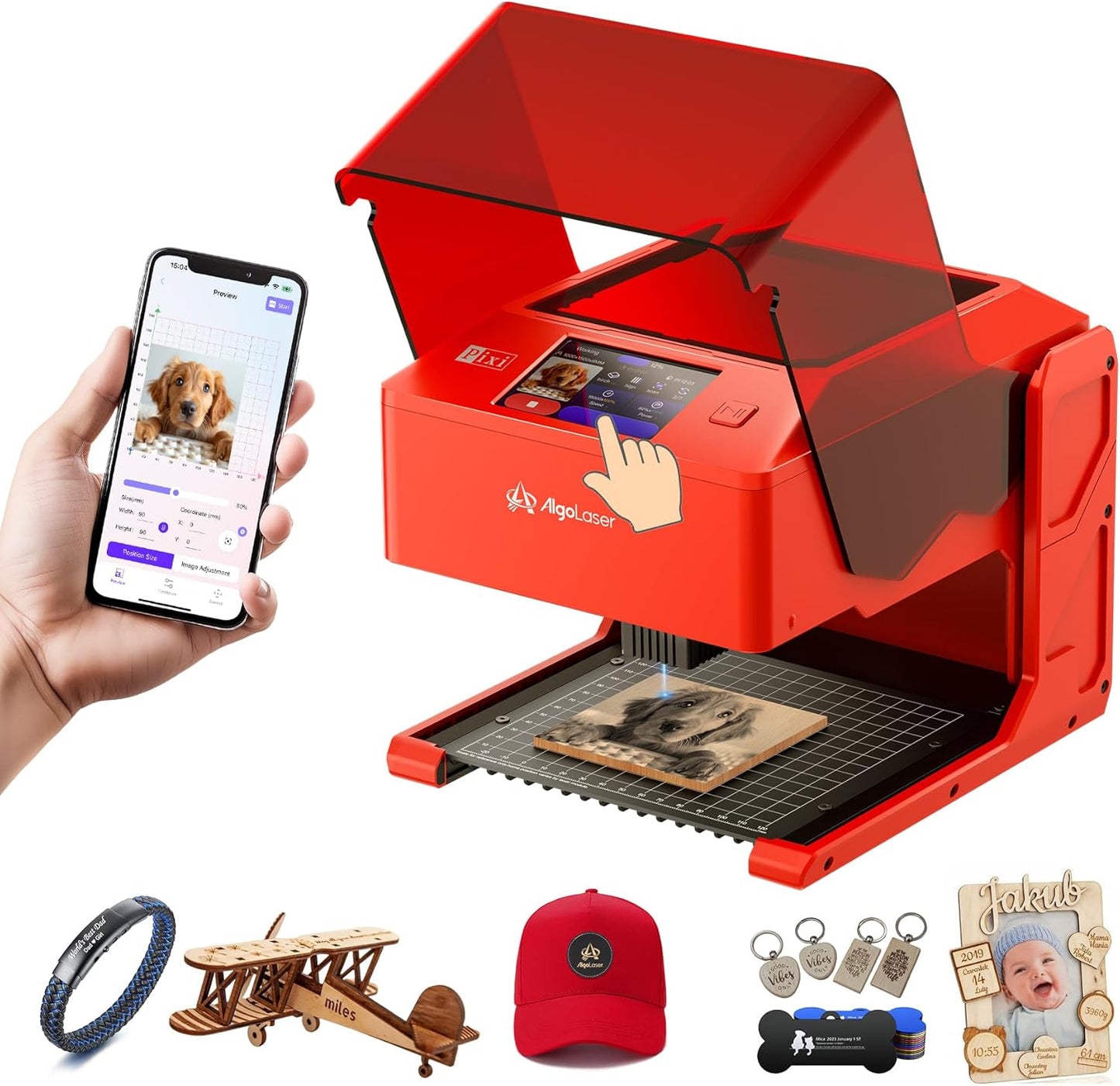 AlgoLaser 10W Laser Engraver Machine: Portable & Smart with 3.5" Touch Screen, Hand Drawing/Wireless/SD Card/Offline Engraving, AlgoOS 2.0 Self Developed System for Wood, Acrylic, Leather