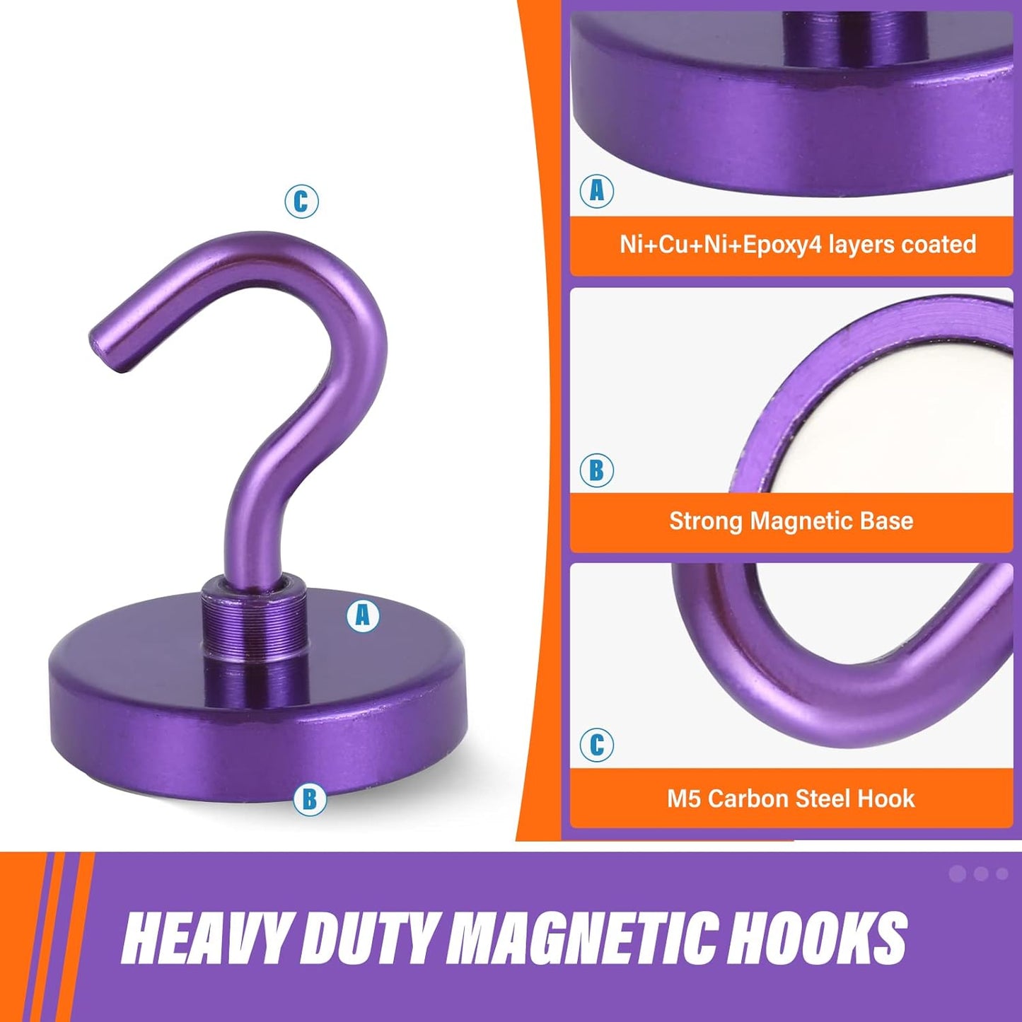 Neosmuk Magnetic Hooks Heavy Duty, Strong Magnet with Hook for Fridge, Super Neodymium Extra Strength Industrial Hooks for Hanging, Magnetic Hanger for Toolbox, Cruise, Grill(Purple,4 Pack)