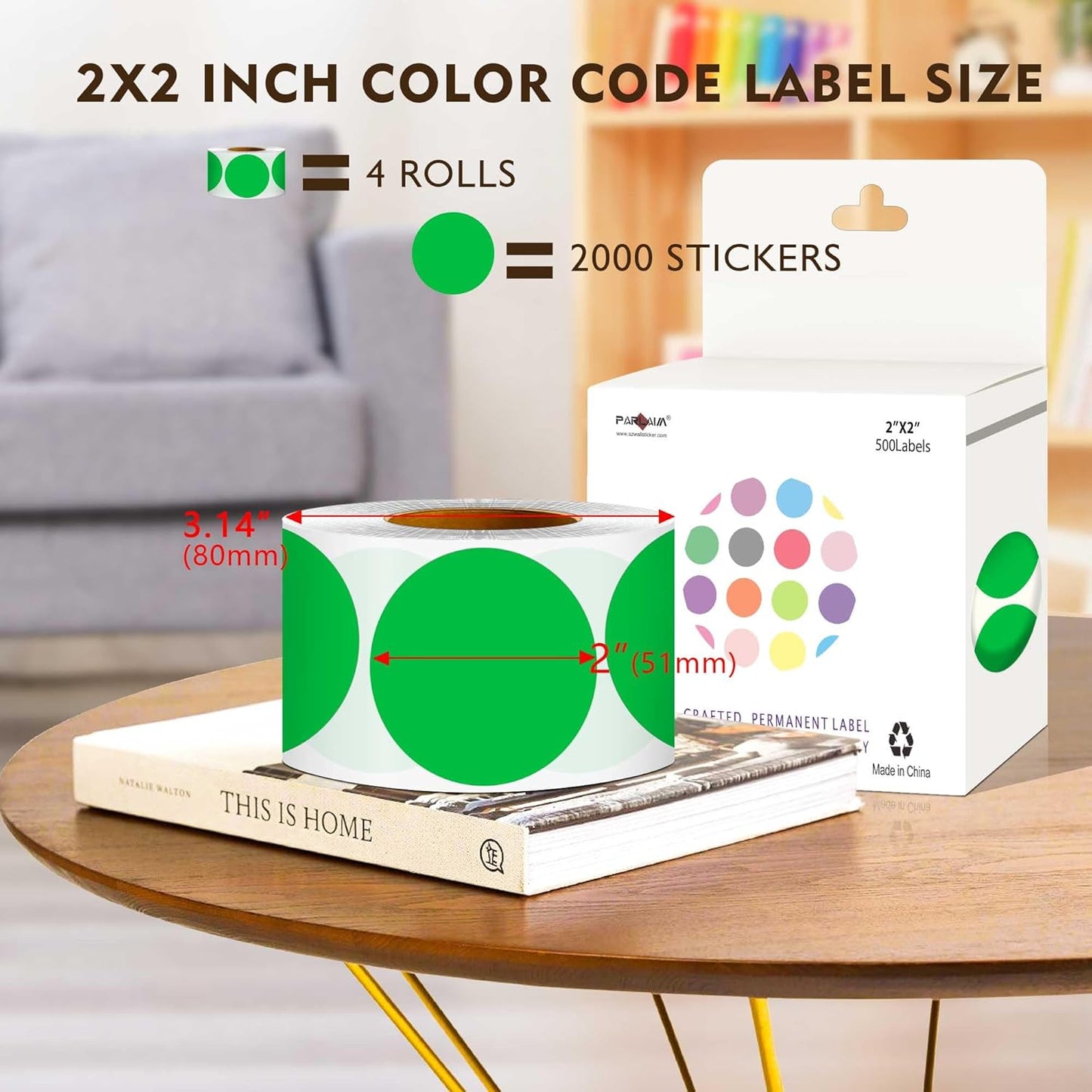 PARLAIM 2 inch Round Color-Code Dot Sticker Labels, 4 Rolls 2000 Adhesive Label Pack in Dispenser Box, Green