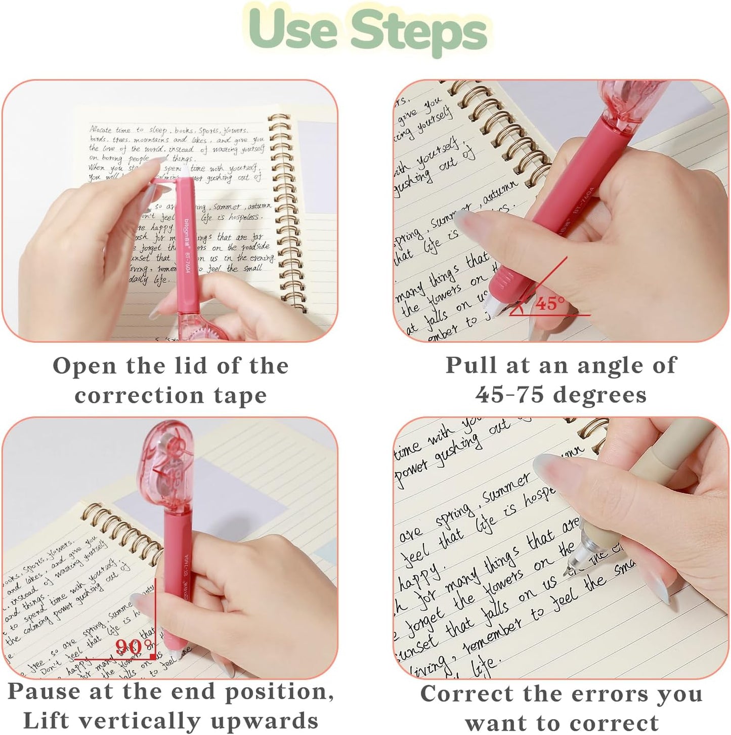 Temiary 4 Pcs White Correction Tape Pens, 6M/256" x 0.2" Smooth Pull Out Tape Pen, Easy to Use Applicator for Instant Corrections Back to School Office Supplies (Multicolor)