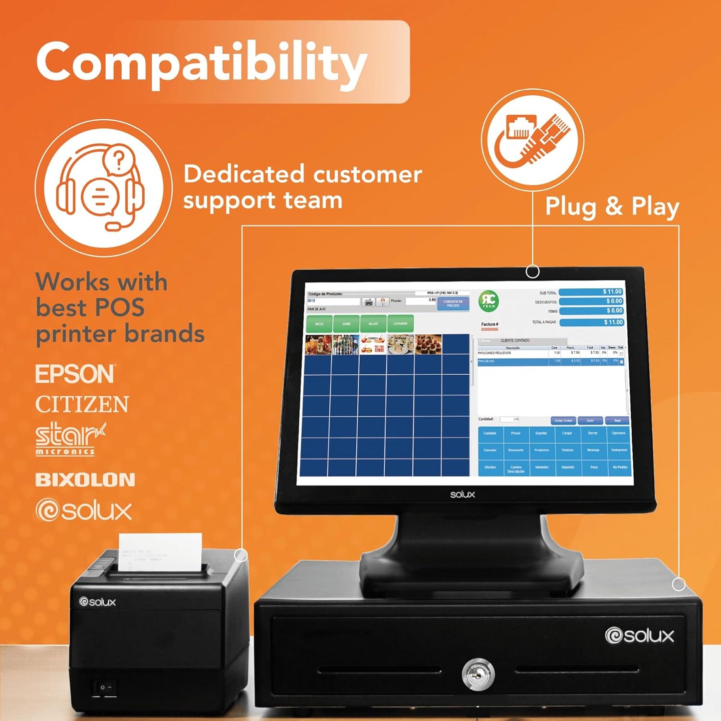 SOLUX 16" Cash Drawer - Cash Registers - Cash Register Drawer for POS - Square Cash Drawer - for Small Businesses - Removable Coin Tray - 24V, RJ11/RJ12- Key Lock - 5 Bill - 5 Coin, Black