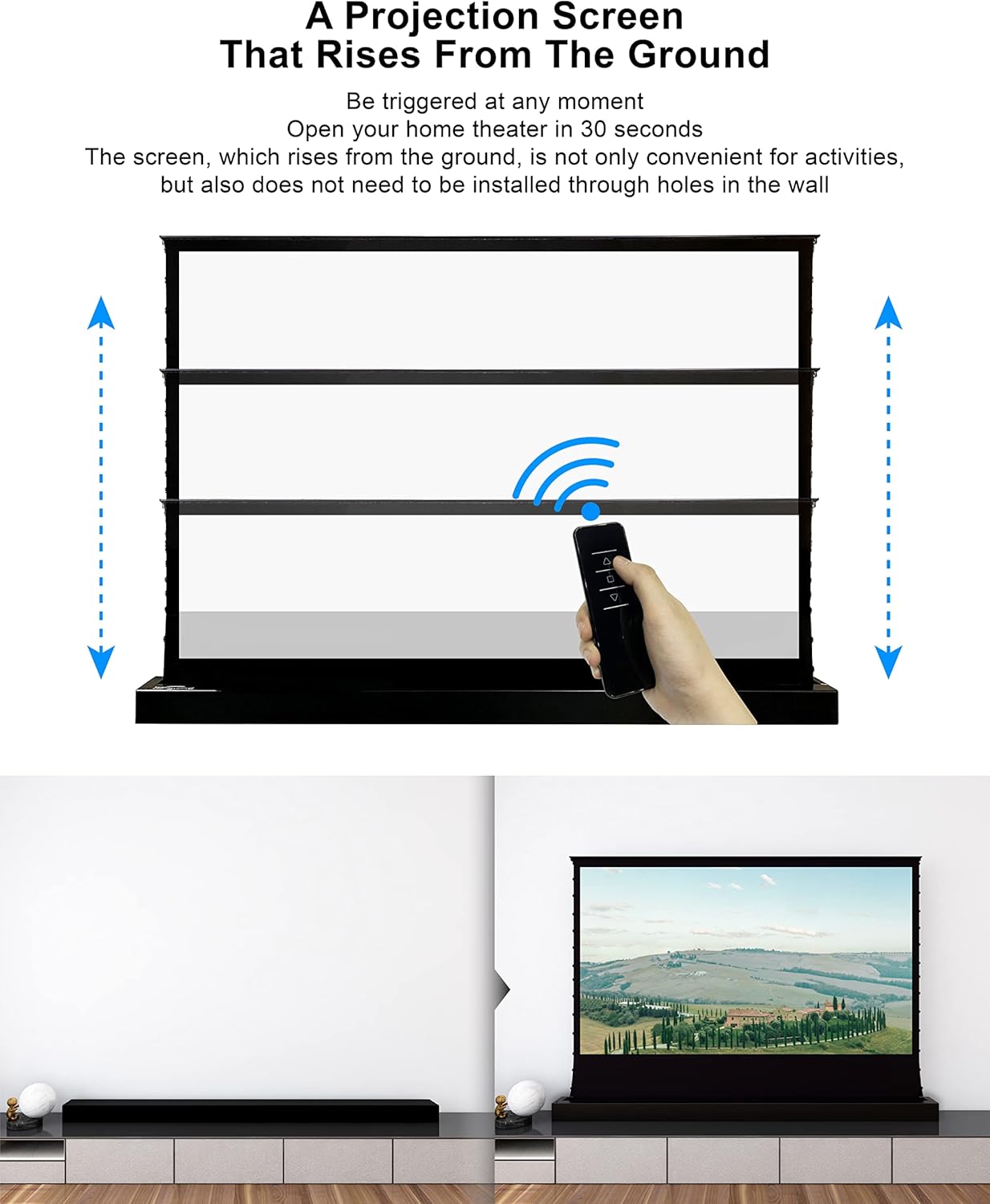 VIVIDSTORM-4K Movie Projector Screen S 100 Inch Sound Transparent Perforated Floor Rising White Fabric 4k HD Ready Home/Movie Theatre Work with Normal Throw Projector, VSDSTPW100H