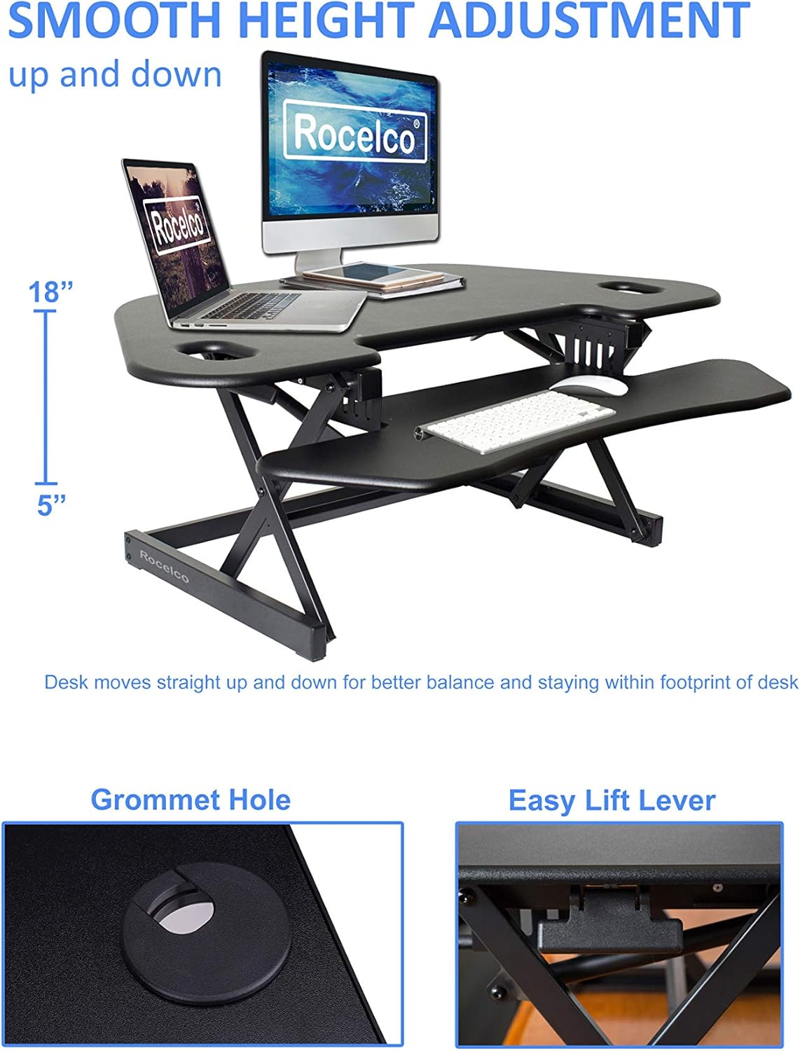 Rocelco 46" Height Adjustable Corner Standing Desk Converter with Dual Monitor Arm Bundle - Quick Sit Stand Up Computer Workstation Riser - Extra Large Keyboard Tray - Black (R CADRB-46-DM2)