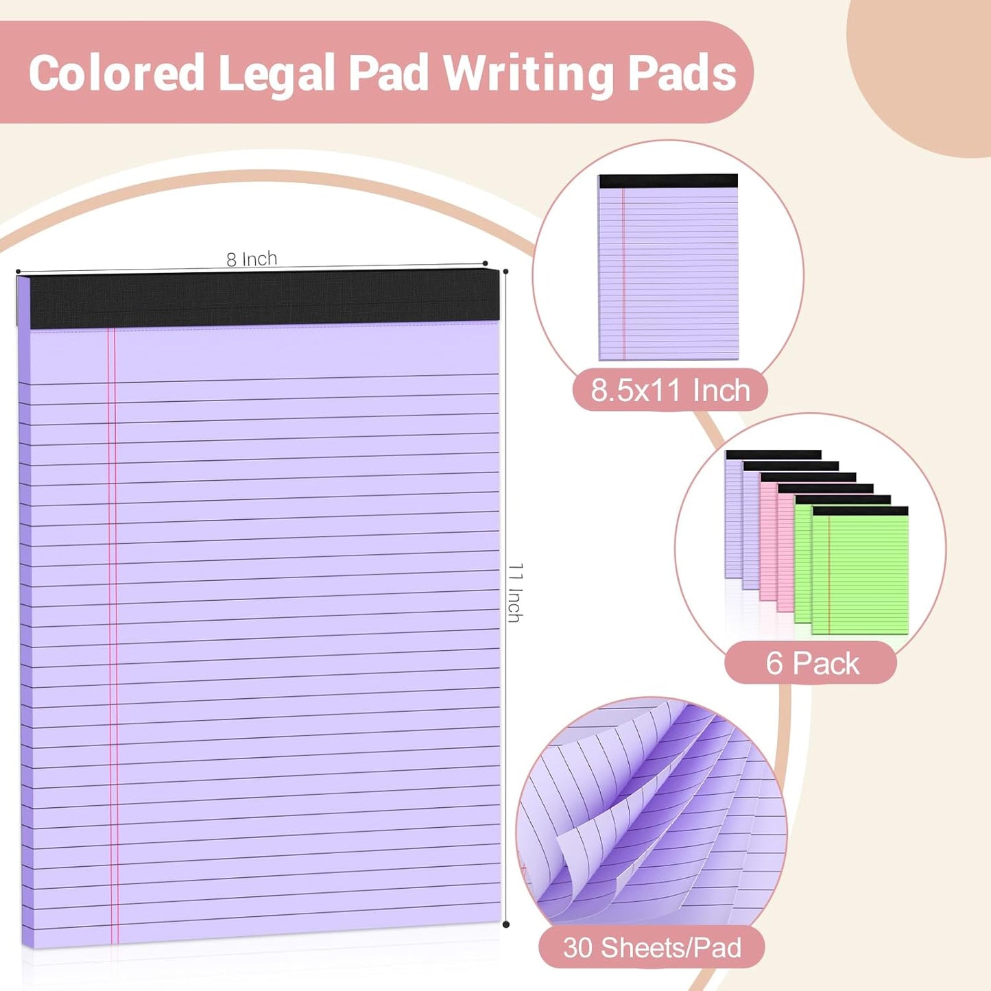 Legal Pads 8.5 x 11 Inch, 6 Pack, Colored Notebook Paper, 8.5 x 11 Colored Legal Pad, Micro Perforated Lined Paper Notepads 8.5 x 11, 30 sheets, Colored Paper Writing Pads for Office Home School