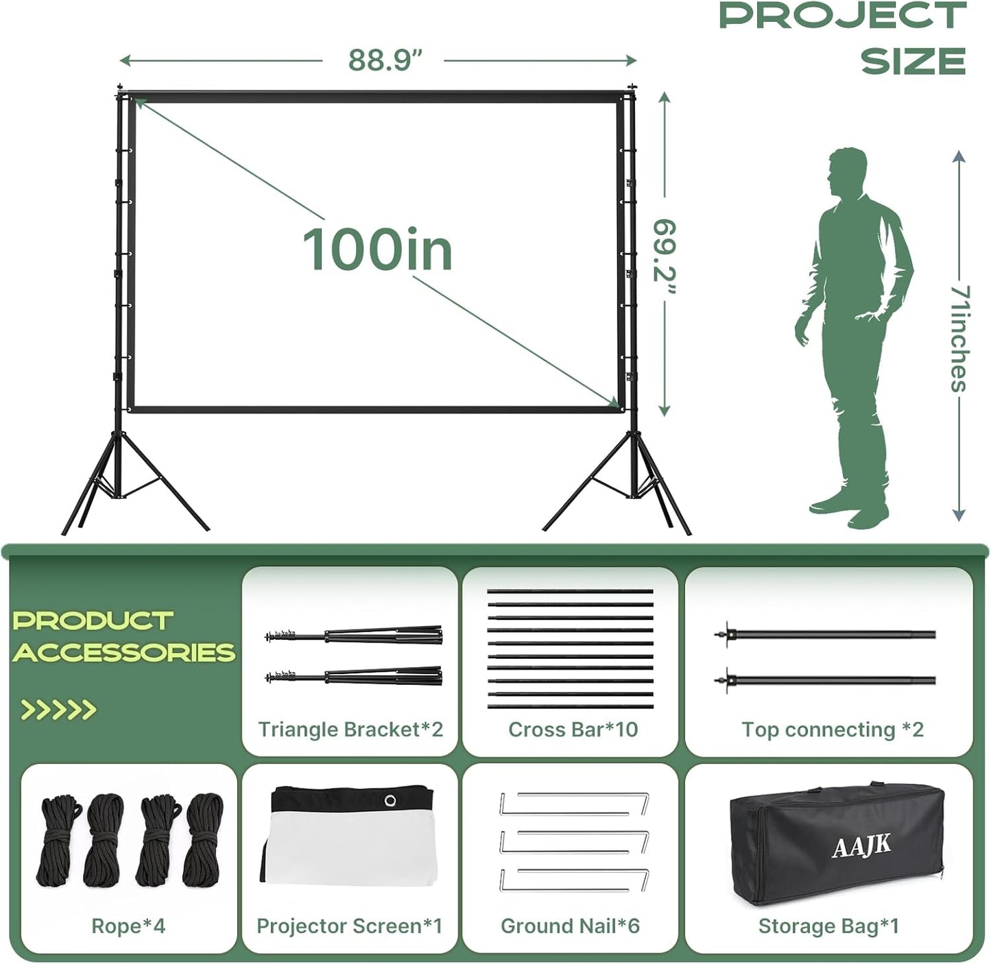 AAJK100-inch Portable Projector Screen with Stand – Elevate Your Outdoor Movie Nights with 4K HD Clarity and Lightweight Convenience