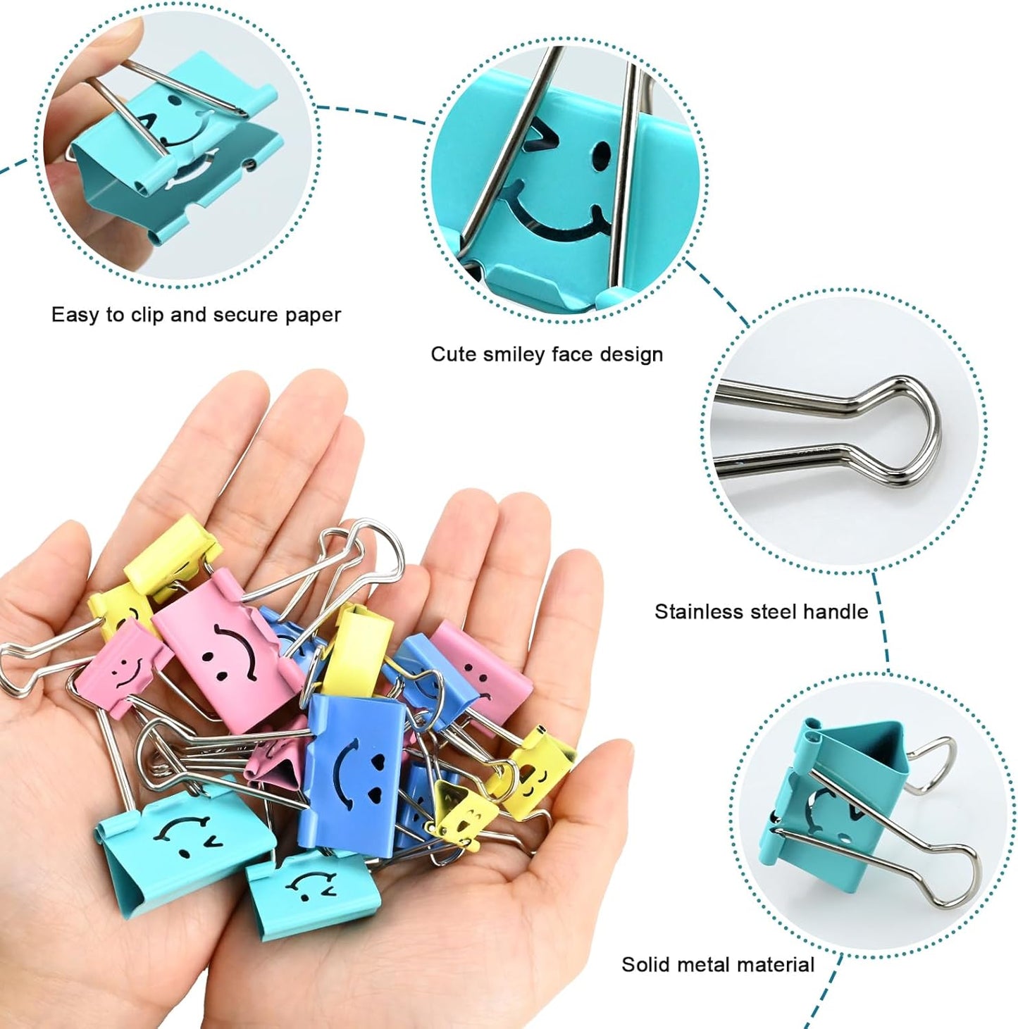 100 Pack Binder Clips Paper Clamps Assorted Sizes and Colors Cute Binder Clips with Smiling Face Metal Paper Clamps for Office, School