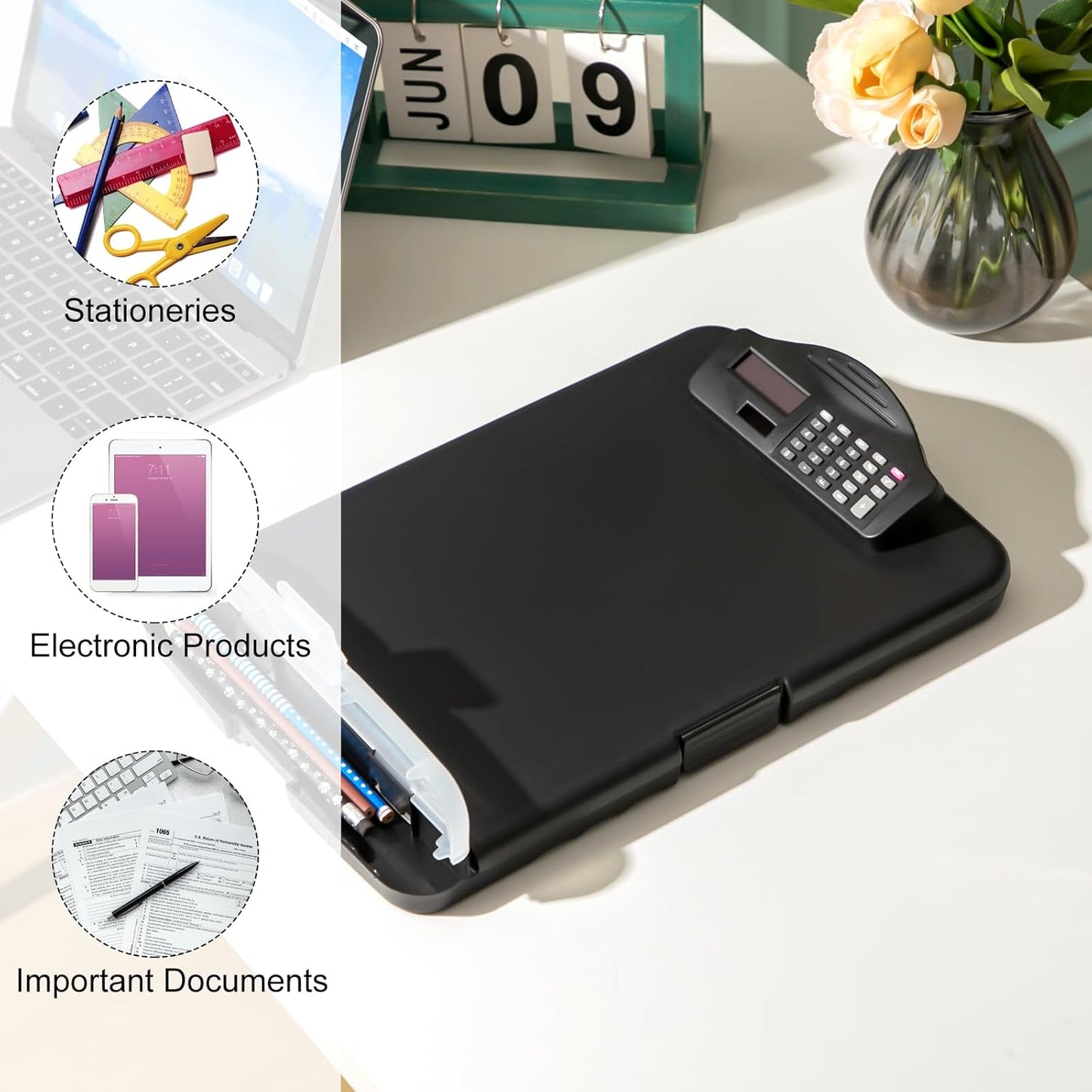 Geyoga 2 Packs Calculator Clipboard with Storage 14 x 10 x 2.6 Inches File Folder Plastic Storage Clipboard Letter Size File Folder with Low Profile Clip for School Classroom Office