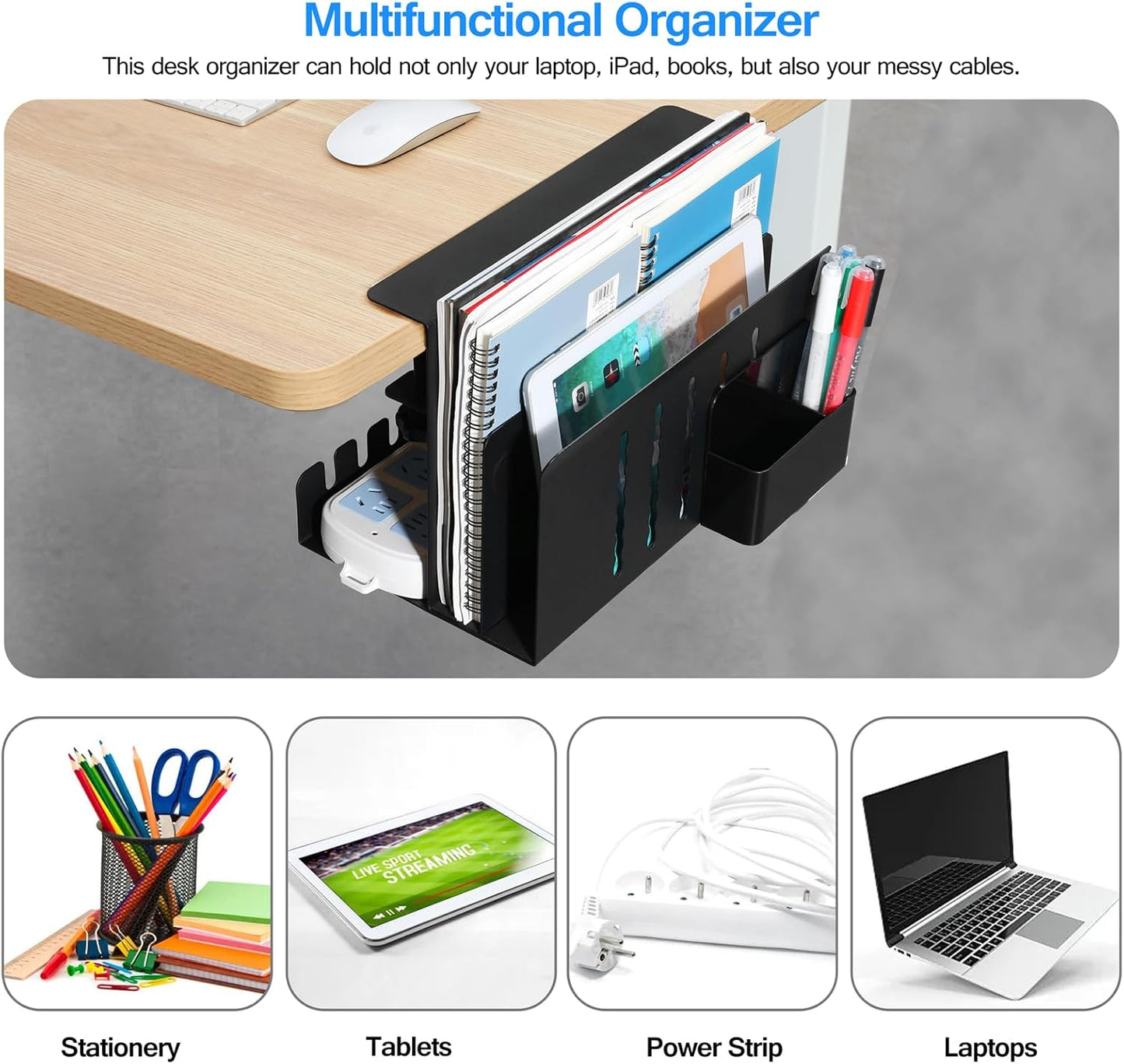 MAXECHO Desk Side Storage, Under Desk Laptop Mount, Table Side Hanging File Organizer, No Drill Clamp On Cable Management Tray, Laptop Holder with Magnetic Pen Holder for Office and Home, Load 22 Lbs