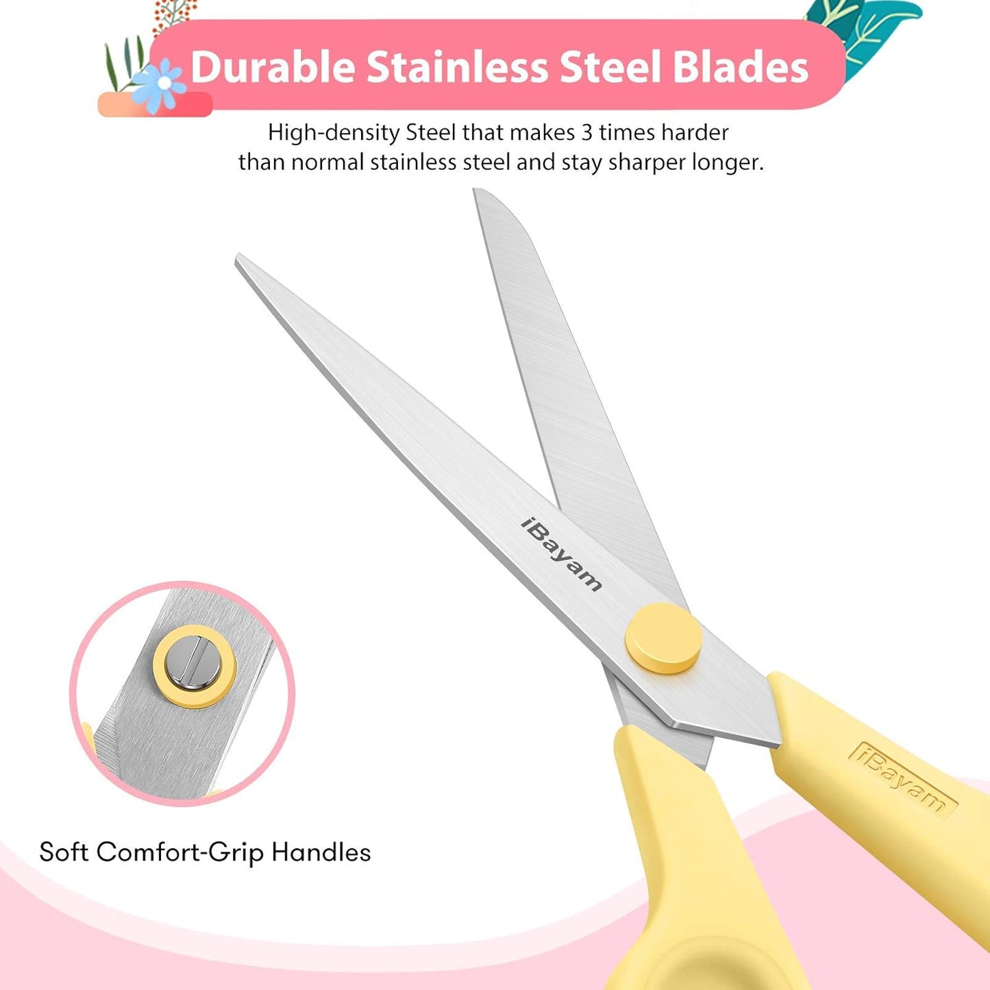 Scissors, iBayam 8" All Purpose Scissors Bulk 3-Pack, Ultra Sharp 2.5mm Thick Blade Shears Comfort-Grip for Office Desk Accessories Sewing Fabric Home Craft School Supplies, Right/Left Handed