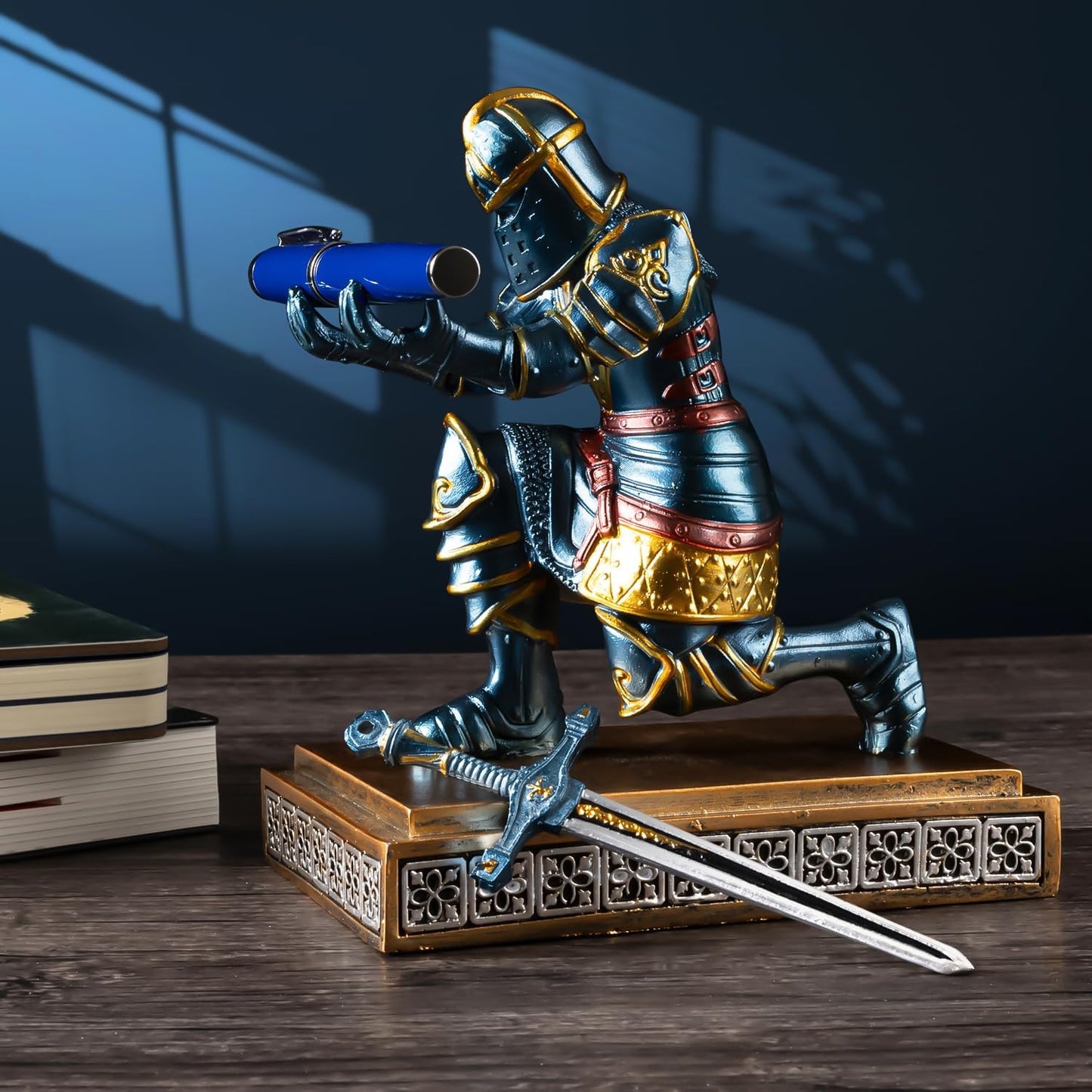 MACLARONX Kneeling Knight Pen Holder with Sword Medieval Warrior Fancy Pencil Stand for Office Desk Home Decor for Men Father Husband Armor Soldier Statue