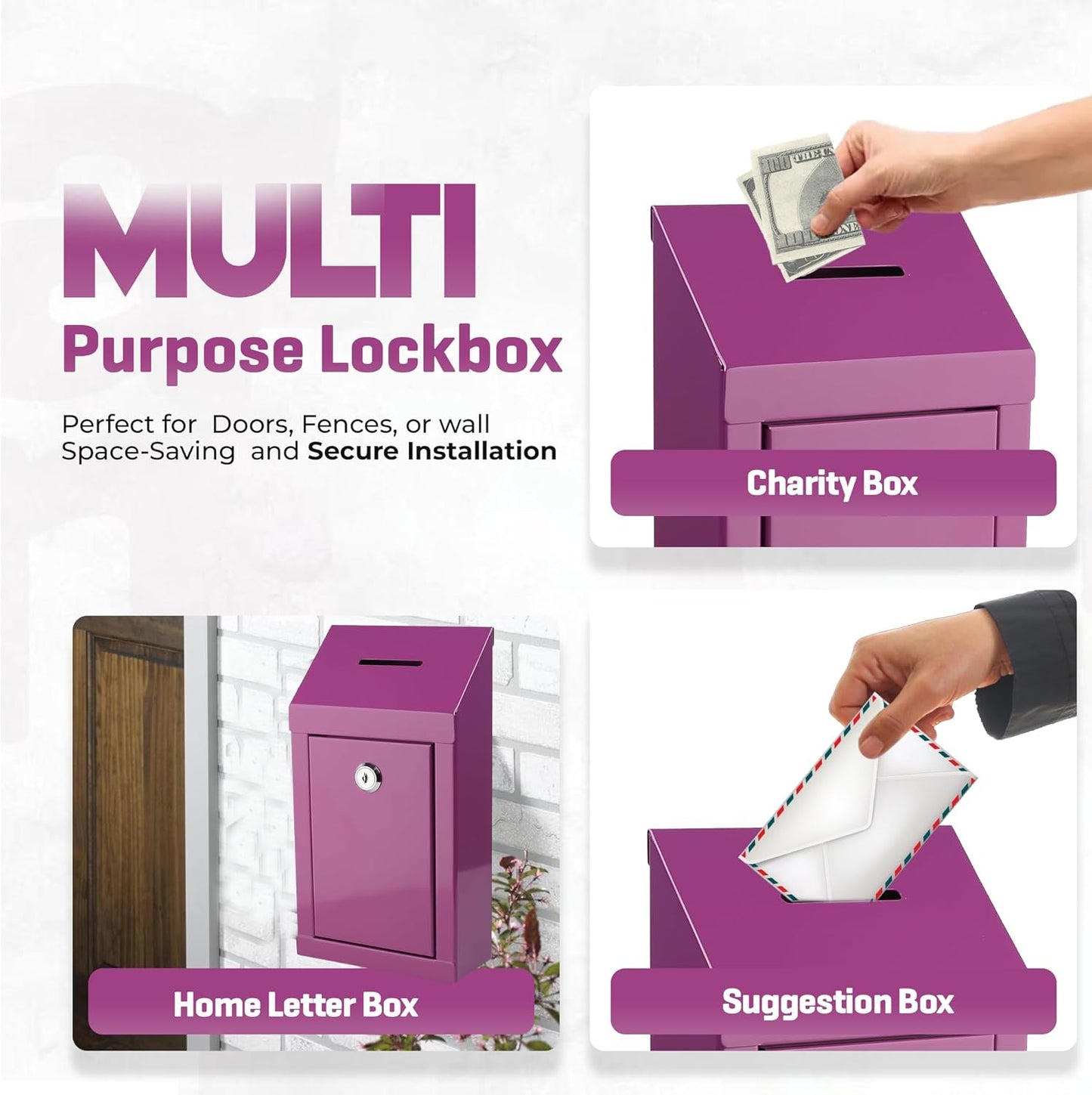 Metal Donation Box-Suggestion Box with Slot and lock-Cash Lock box for Money-Secure Drop Box-Comment and ballot voting box-comes with pre-drilled holes for easy wall mounting 10 X 6 X 2.5"(Purple)