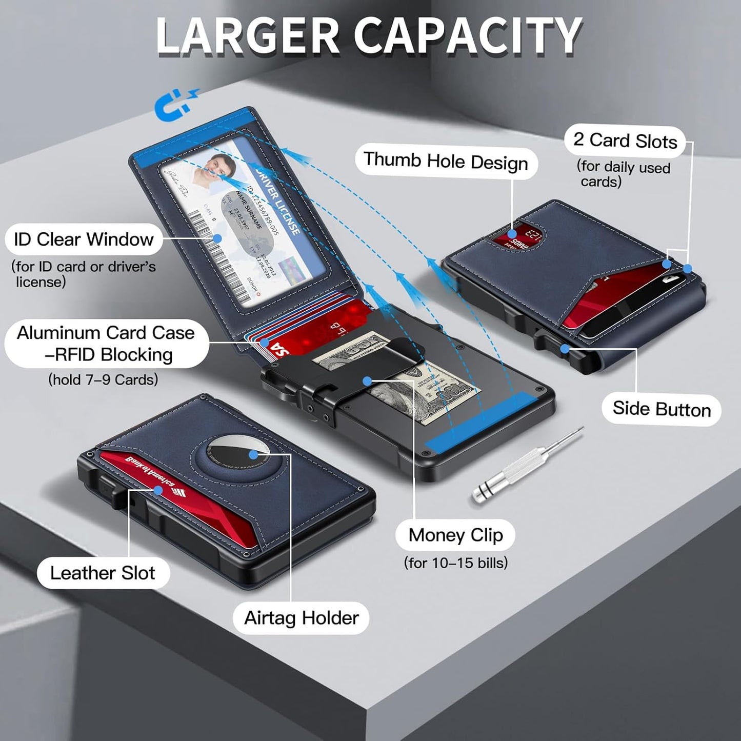 Airtag Wallet for Men, Mens Smart Wallet for Air Tag RFID Blocking, Minimalist Bifold Pop Up Aluminum Credit Card Case Holder 12+ Cards with ID Window, Gift for Men, No Airtag Included, Navy