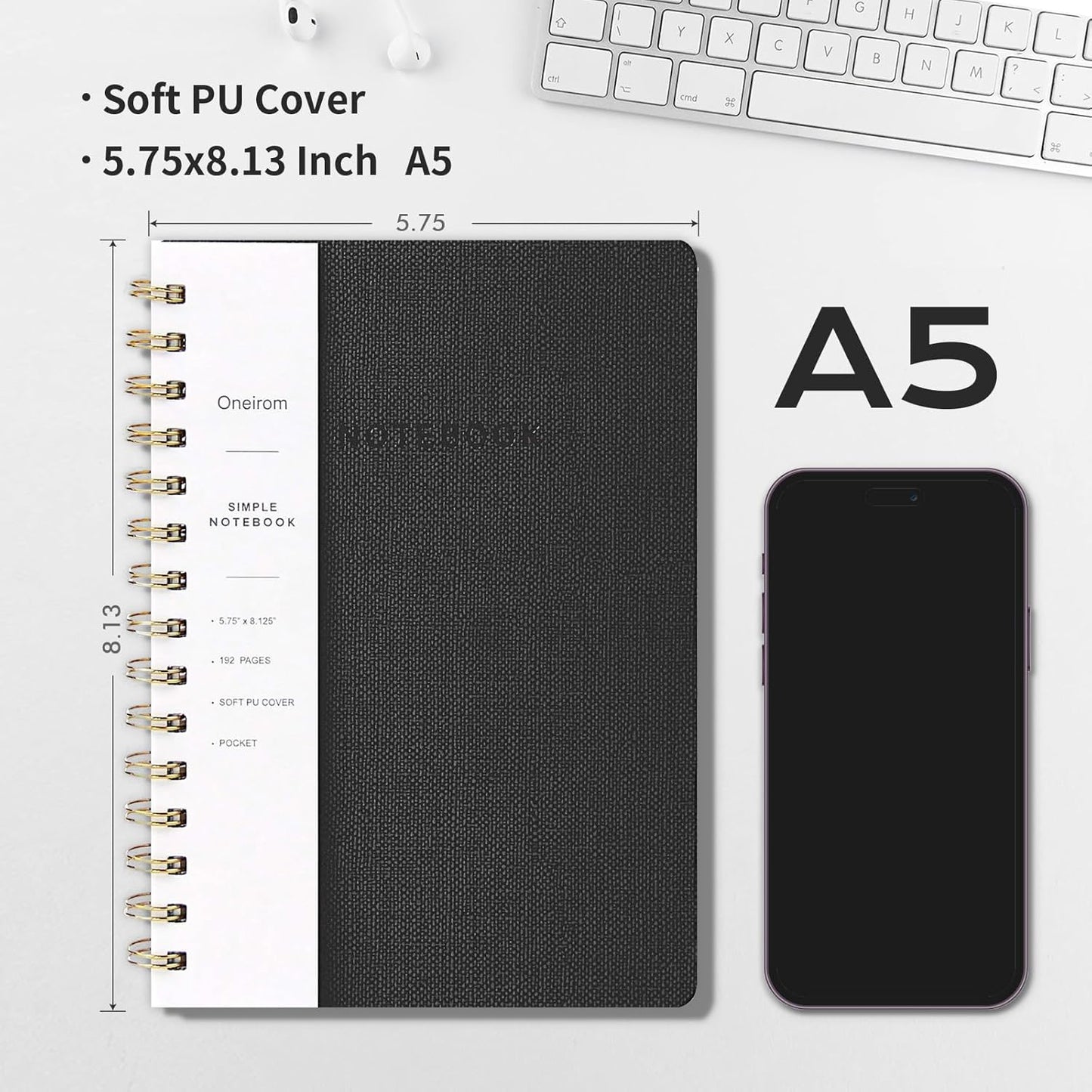 Lined Spiral Notebook College Ruled A5 Journal Book for Note Taking, 160 Pages Writing Journal for Office and Home School Supplies 5.75x8.125 inch (6-Black)