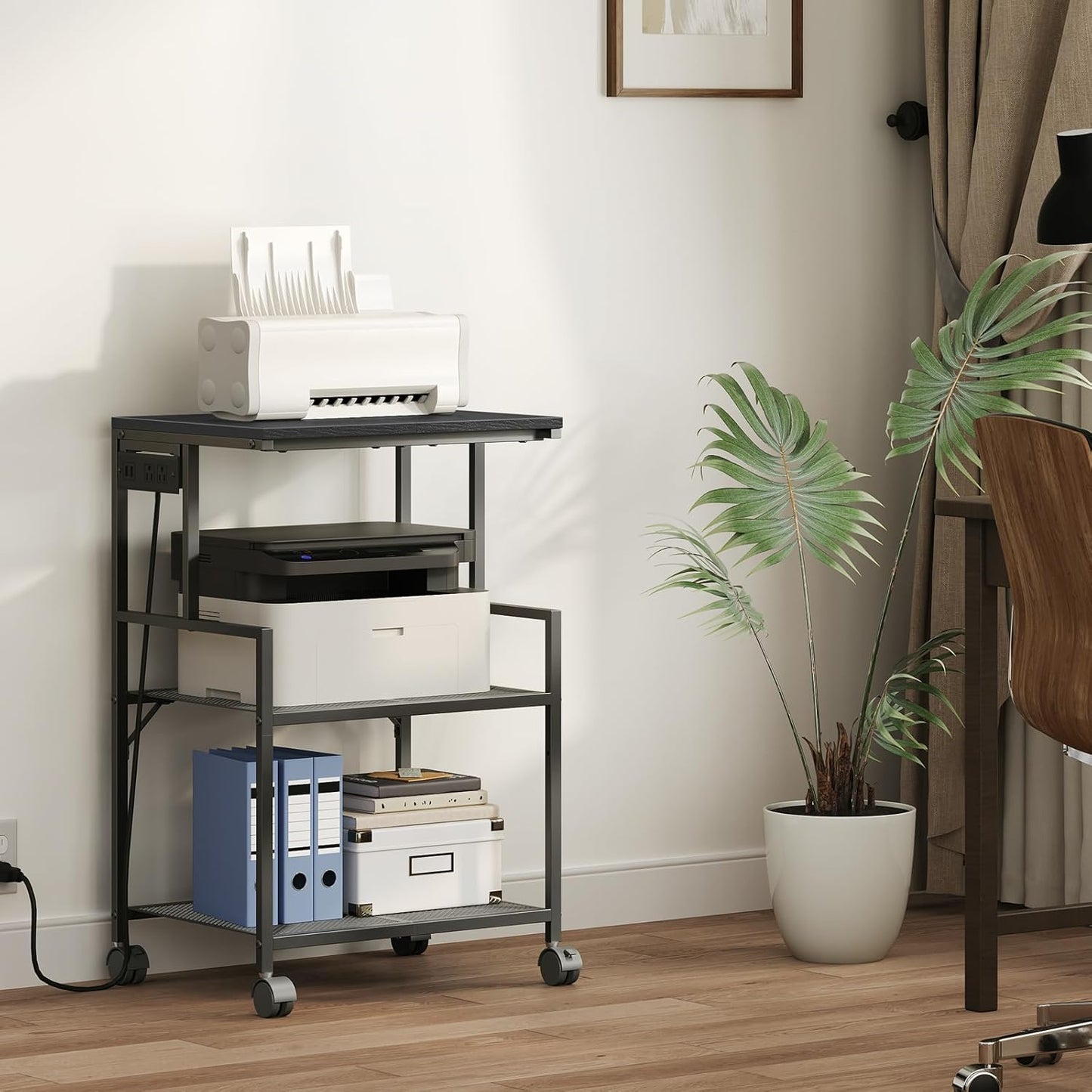 Mobile Printer Stand, 3-Tier Industrial Printer Cart with Power Outlets and 2 USB Ports, Rolling Printer Table on Wheels for Home Offices Kitchen Organization Rack, Black PTHB78E01