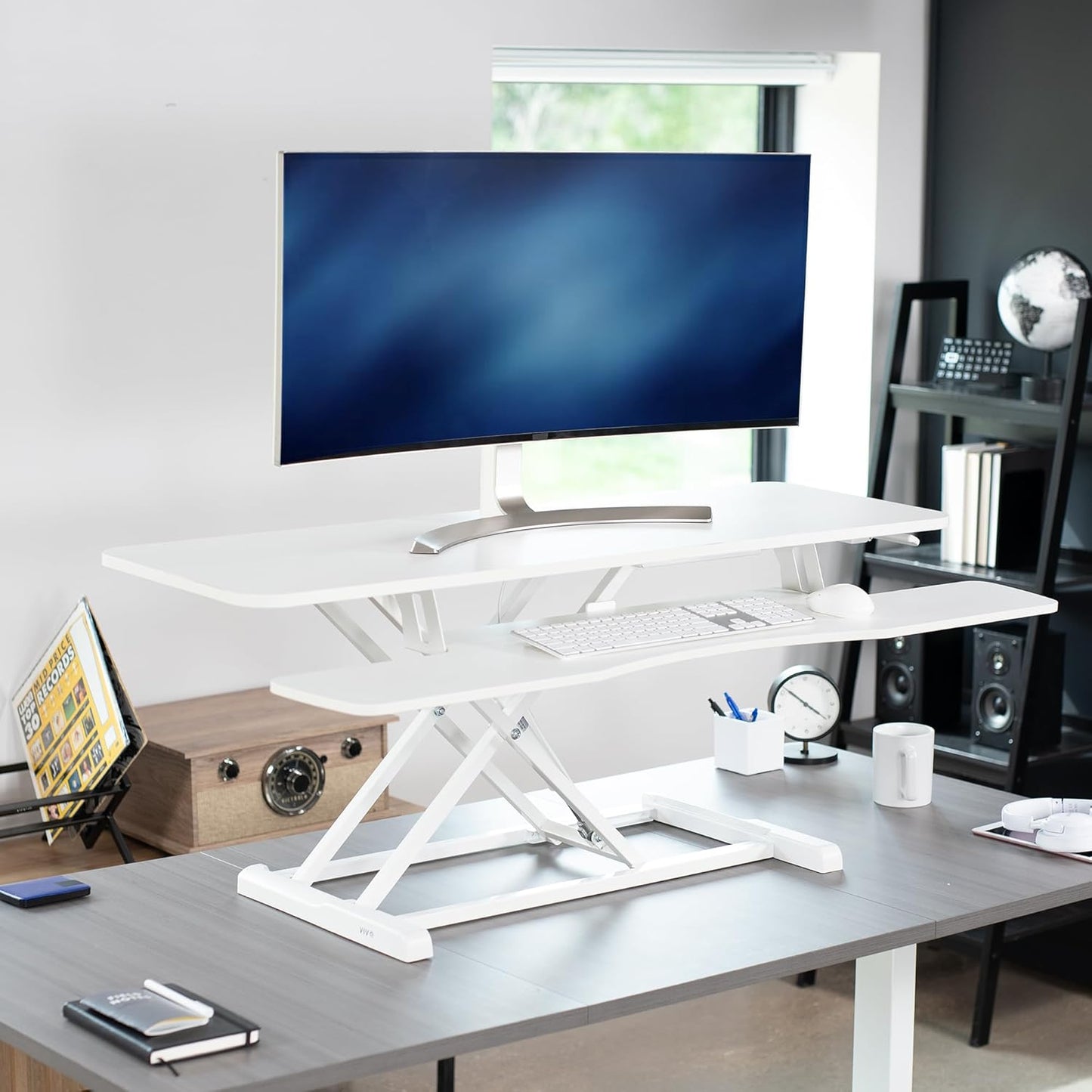 VIVO 48 inch Desk Converter, K Series, Height Adjustable Sit to Stand Riser, Dual Monitor and Laptop Workstation with Wide Keyboard Tray, White, DESK-V048KW
