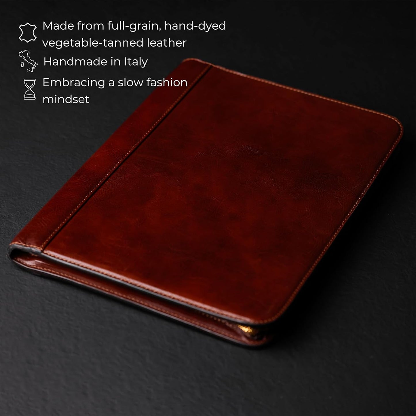 Time Resistance Leather Portfolio - A4 Document Folder - Italian Handcrafted Padfolio Organizer (Brown) - Gift Box Included