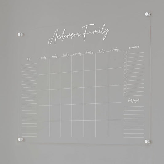 Personalized Clear Acrylic Calendar for Wall, Calendar Whiteboard for Wall, Dry Erase Wall Calendar, Wall Calendar Organizer System for Home (Cursive, White, 38"W x 26"H)