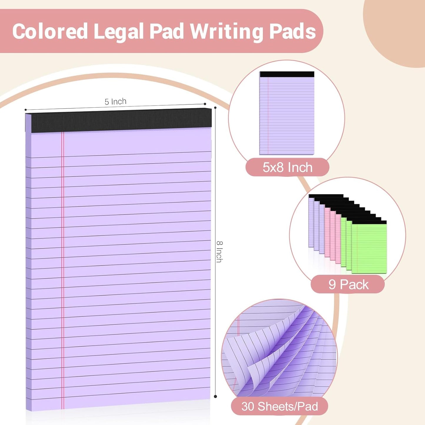 Legal Pads 5x8 Small Note Pads Colored Notepad, 9 Pack, Narrow Ruled Lined Paper, Micro Perforated Writing Pads Memo Pad, 30 Sheet/Note Pads, Notebook Paper Tablet for School, Colored Legal Pad 5x8''