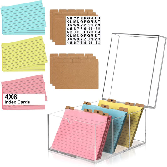 4x6 Index Card Holder Acrylic Index Card Organizer Clear Index Card Box Flash Card Holder with 5 Index Card Dividers Recipe Cards Holder Notecard Storage Box 150 Ruled Cards Stickers For Office Desk