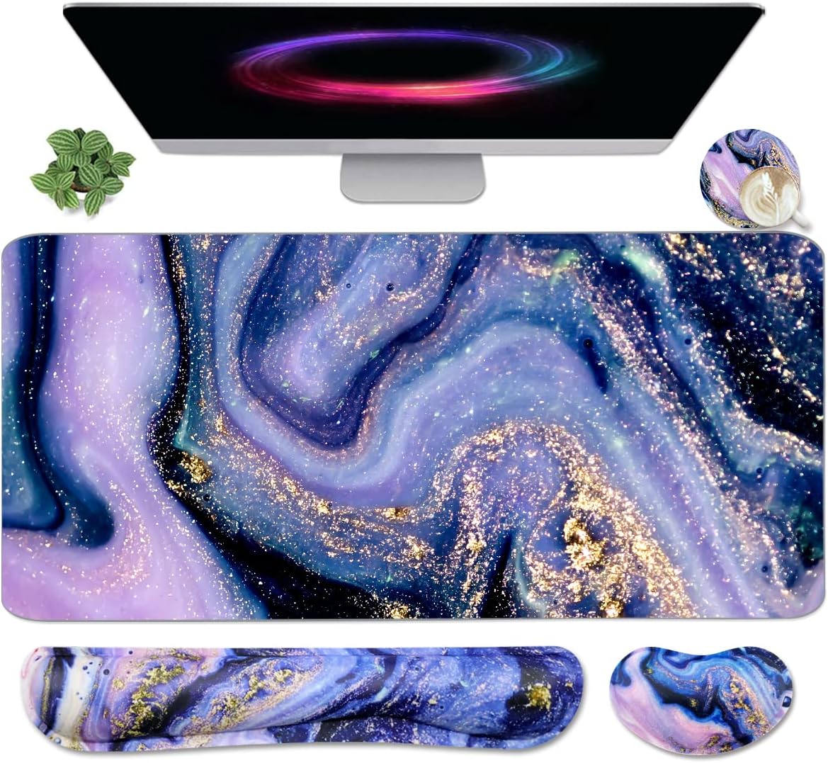 Keyboard Mouse Pad Set, Extended Mouse Pad+Keyboard Wrist Rest Support, Memory Foam Ergonomic Easy Typing, 3Pcs (35.4×15.7 in) Desk Pad Set for Home Office Study Game-Purple Marble