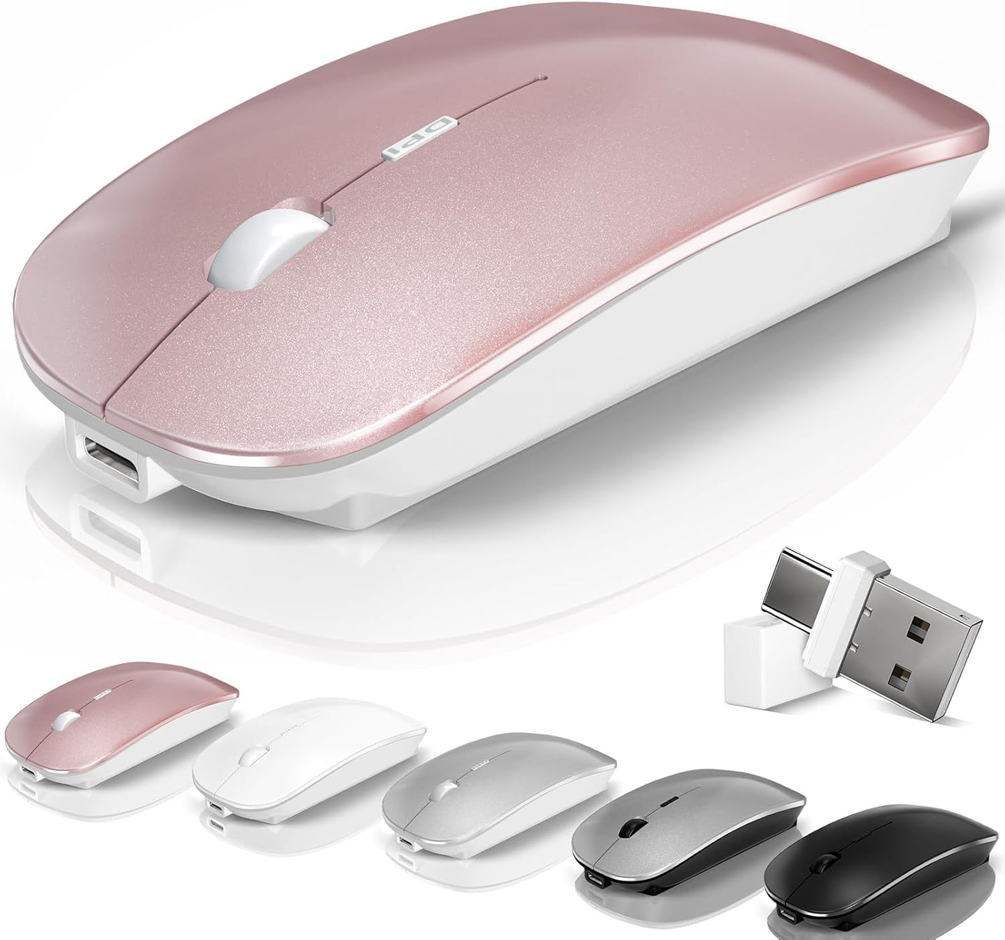 Mouse for Laptop Wireless Bluetooth - MacBook Air Mac Pro PC iPad Optical Rechargeable Silent Mouse with Jiggler Dual Mode Switch Bluetooth 5.2/3.0 and 2.4GHz USB-A and Type-C Receiver Rose Gold