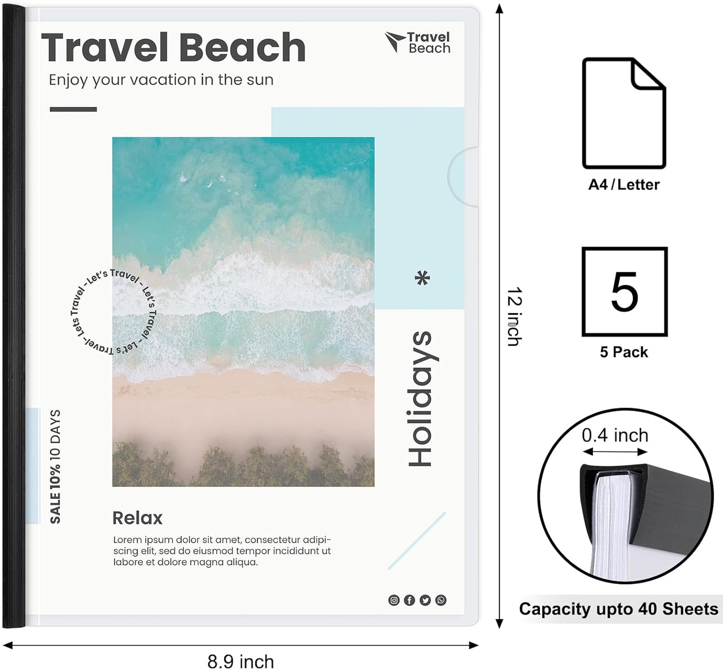 JOERSH 5Pcs Clear Report Covers with Sliding Bar, 40 Sheet Capacity Plastic Binder Paper Protector, Report Folders with Clear Cover for Resume File Documents, Black