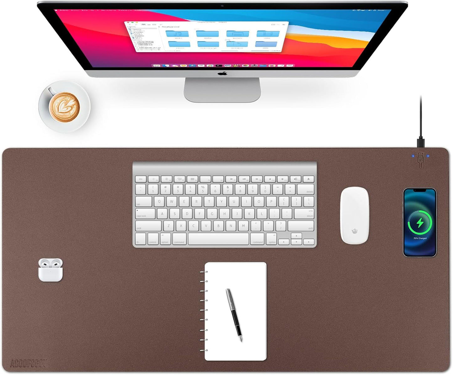 Wireless Charging Desk Mat with Desk Pad for Desktop Charging Large Mouse Pad Waterproof Leather Computer Mat Mouse Pad Non-Slip Protector on Top of Desks for Keyboard and Mouse (brown-r, 32*16inch)