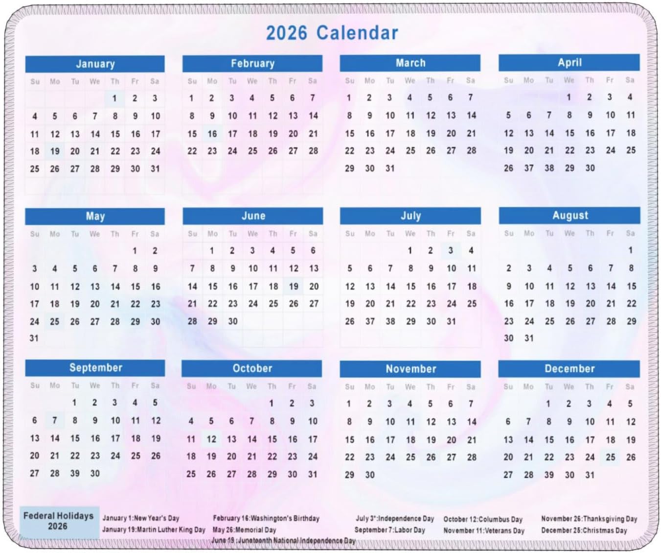 2026 Calendar Mouse Pad, Cute Calendar with Holidays Mouse Pads, Non-Slip Rubber Base Mousepad for Office Desk Computers Laptop