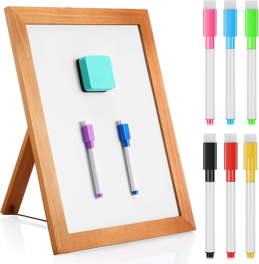 Chuangdi Desktop Dry Erase Board Whiteboard with Stand 14 x11 Desktop Whiteboard Wooden Frame White Writing Board with 8 Pcs Marker Pens 1 Magnetic Eraser for School Office Restaurant Menu Supplies