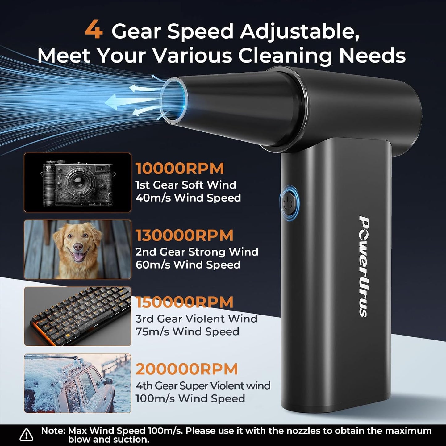 Compressed Air Duster, PowerUrus 200000RPM Electric Air Duster with Brushless Motor, 4-Gear Adjustable Cordless Air Blower, 8000mAh Rechargeable Air Duster for Keyboard, PC, Outdoor and Home Cleaning