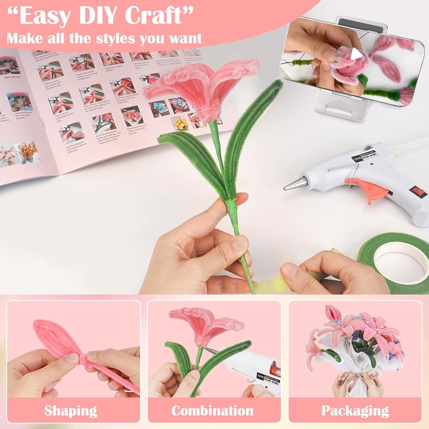 500 PCS Pipe Cleaners Craft Kit for Flower Making Lily DIY Material Bundle with 20 Stems, 100 Stamens, Ribbon, Tulle, Glue Sticks & Step-by-Step Guide Vibrant Colors, Non-Shedding, Fade-Resistant