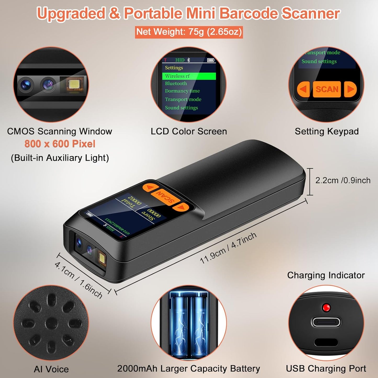 KUIIYER Mini Bluetooth Barcode Scanner, Wireless 2D QR 1D Bar Code Scanners with LCD Screen Display & Setting Keypad & AI Voice, Small Portable Handheld Barcode Reader for Smart Phone, Computers & POS