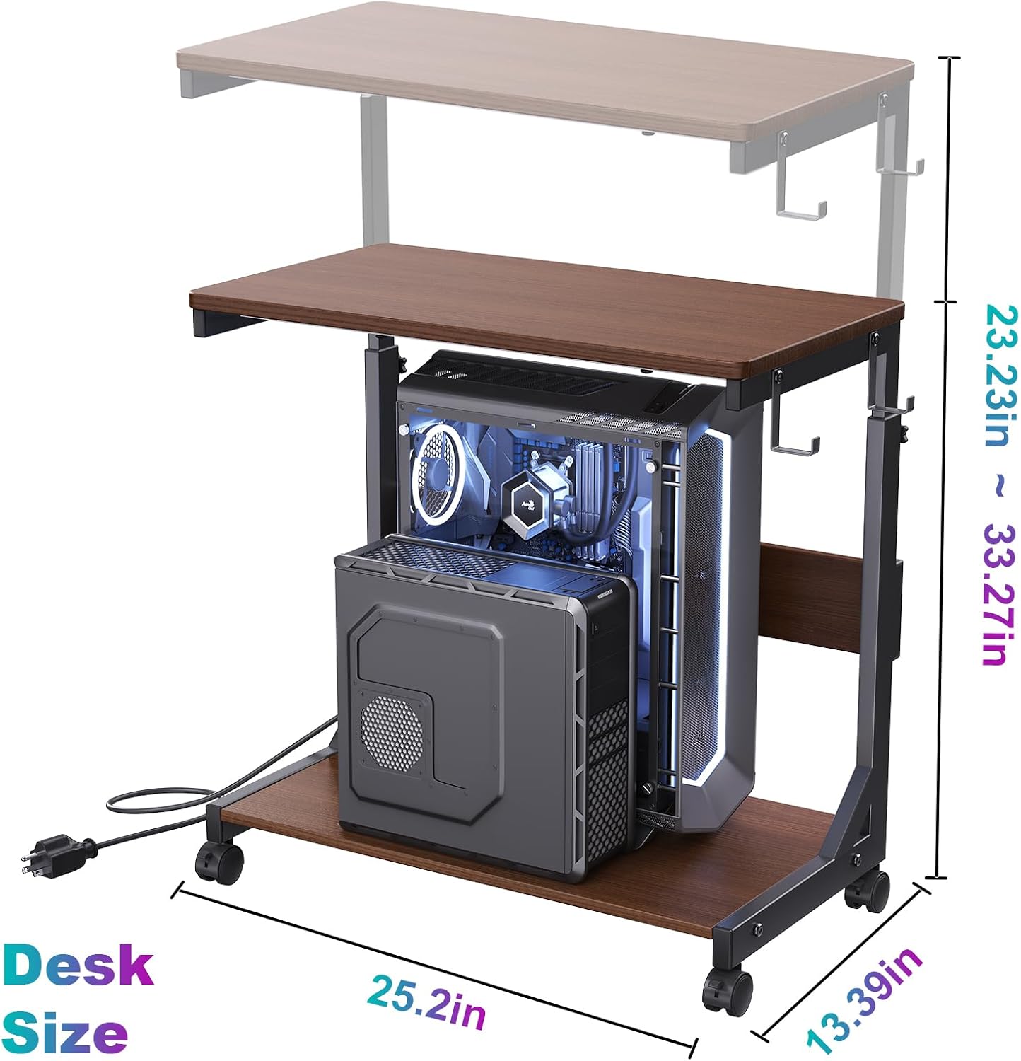 Height Adjustable Computer Tower Stand with Charge Station and USB Charging Port, 2-Tier ATX-Case Cart, Under Desk Mobile PC Stand, CPU Holder Cart with Locking Caster Wheels for Fits Most PC