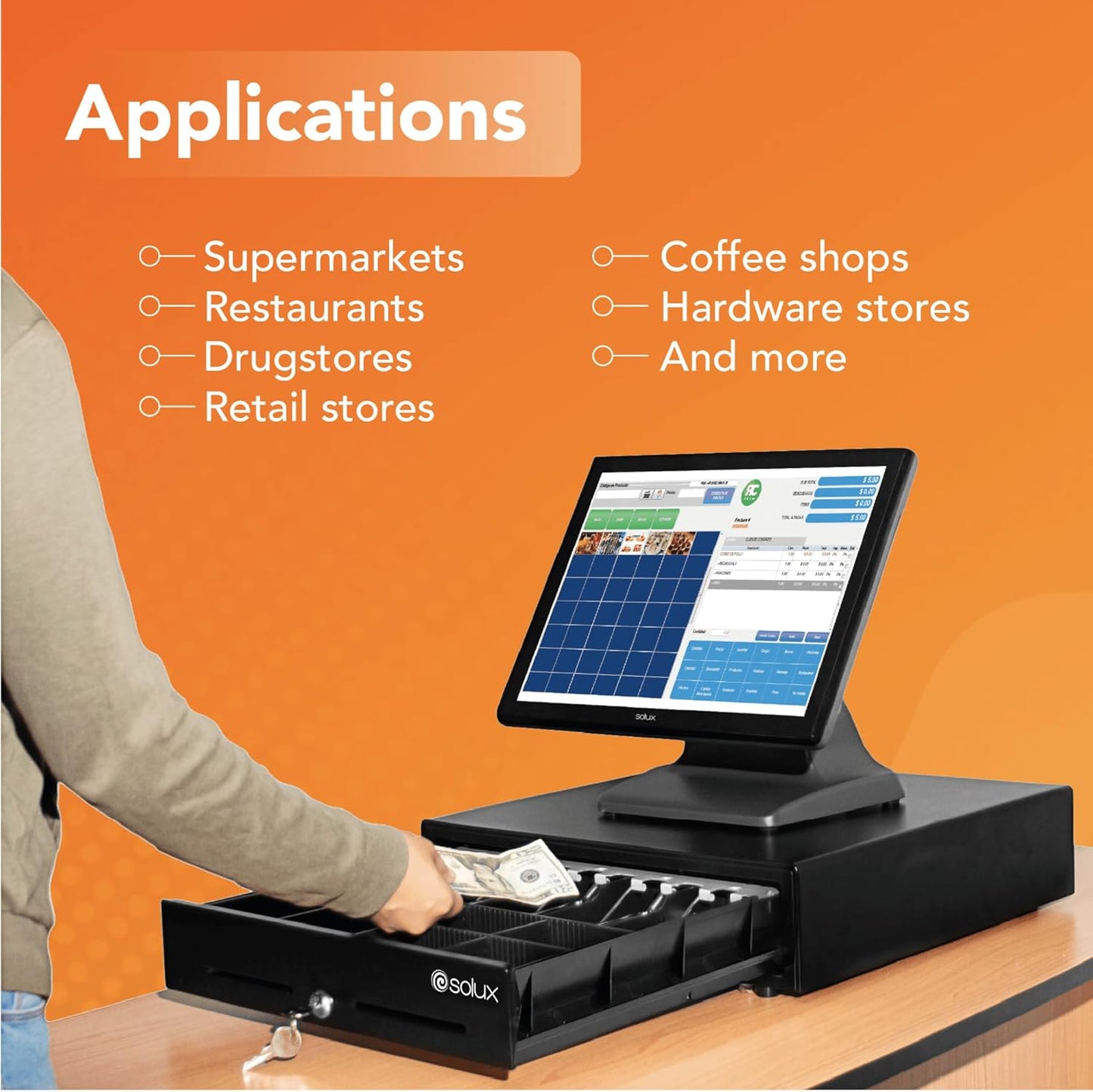 SOLUX 16" Cash Drawer - Cash Registers - Cash Register Drawer for POS - Square Cash Drawer - for Small Businesses - Removable Coin Tray - 24V, RJ11/RJ12- Key Lock - 5 Bill - 5 Coin, Black