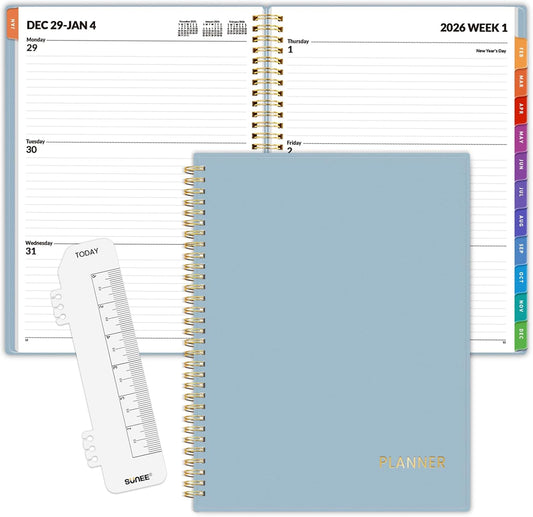 SUNEE 2026 Weekly and Monthly Planner - from January 2026 - December 2026, 8.5"x11" Daily Agenda Planner with Monthly Tab, Flexible Cover, Note Pages, Pockets, Bookmark, Spiral Binding, Gray Blue