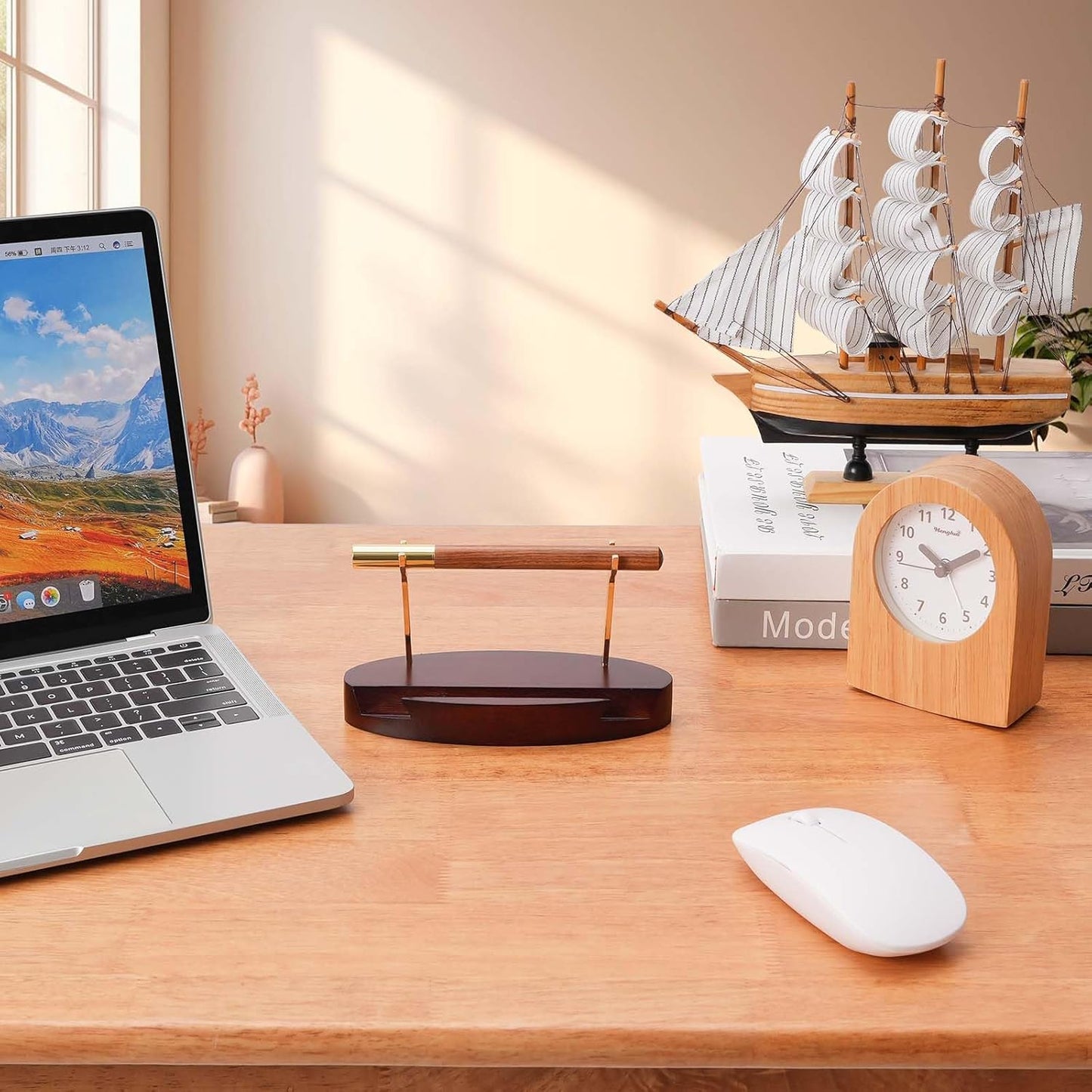 Pen Holder Desk Organizers and Accessories Desk Decor ，Exquisite Wooden Pen Holder ，with a Cool Pen and Two Refills for Office and Home (Style C)