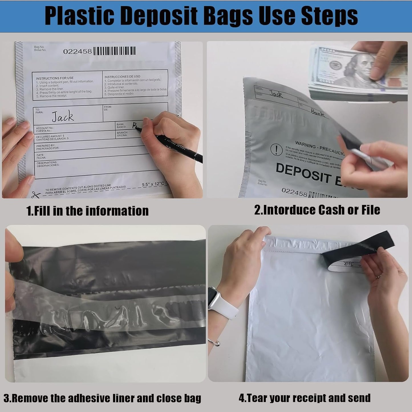 Plastic Deposit Bags 200 Pack Opaque 9.5''x 15'', Opaque Security Bank Deposits Bag,Cash register bags,Money bag for Cash,Bank Pocket,Tamper-Evident Bags,Unique Barcode