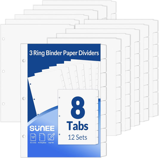 SUNEE Binder Dividers with Tabs for 3 Ring Binder, 8.5 x 11 Paper White Binder Dividers Blank with 8 Tabs, 12 Sets Page Dividers for School, Office and Home, 96 Dividers