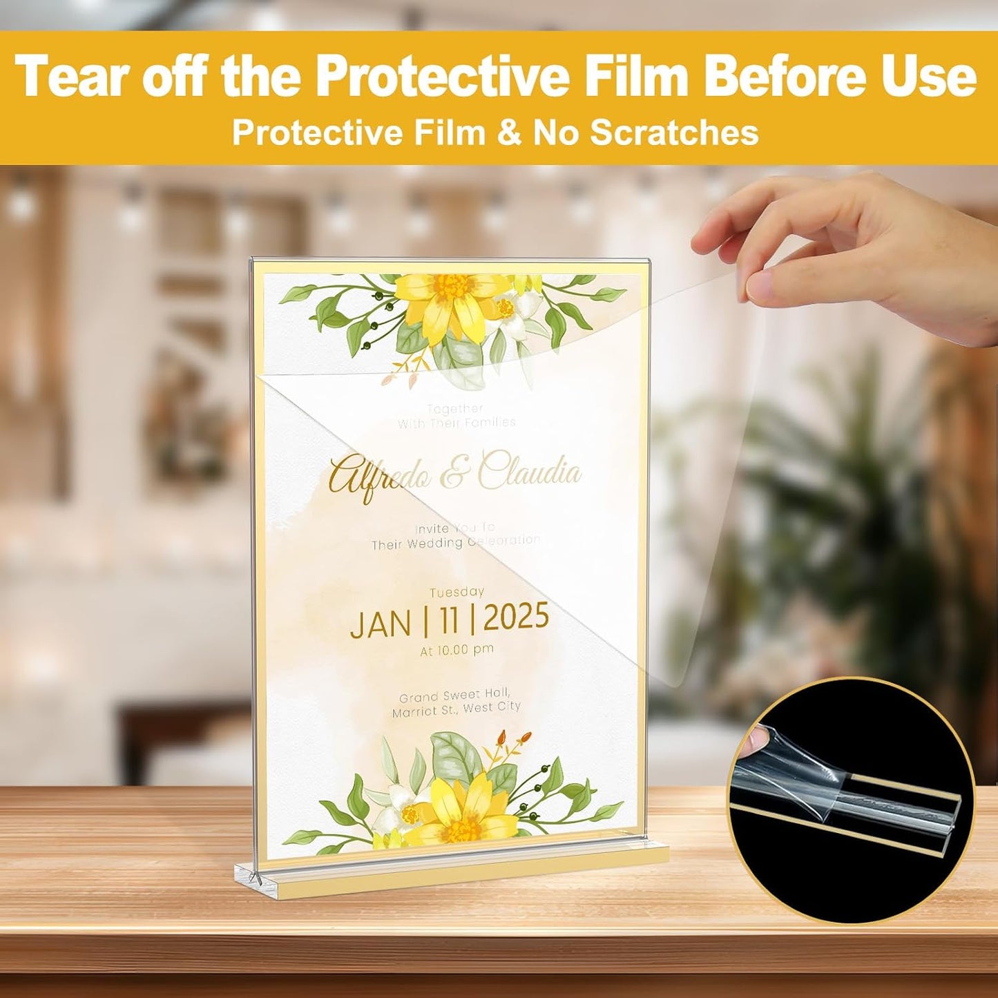 EHWINE 16 Pack Acrylic Sign Holder 8.5 x 11, Double-Sided Tabletop Gold Sign Holder, Clear Acrylic Picture Frame Menu Flyer Paper Holder Display Stand for Home Wedding Party (with Non-Slip Pads)