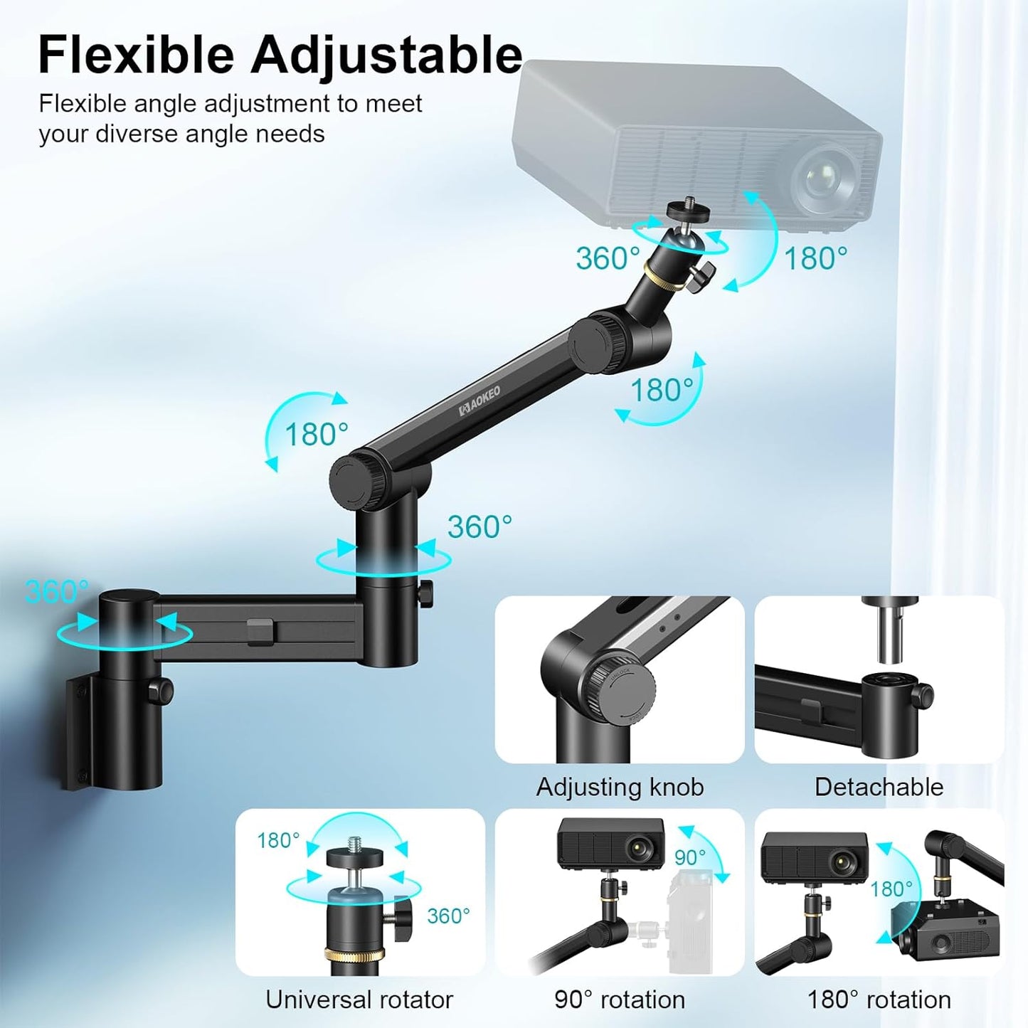 Aokeo Projector Wall Mount, 360° Adjustable Projector Stand Wall Mount for Cameras,projectors,VCRs,CCTV