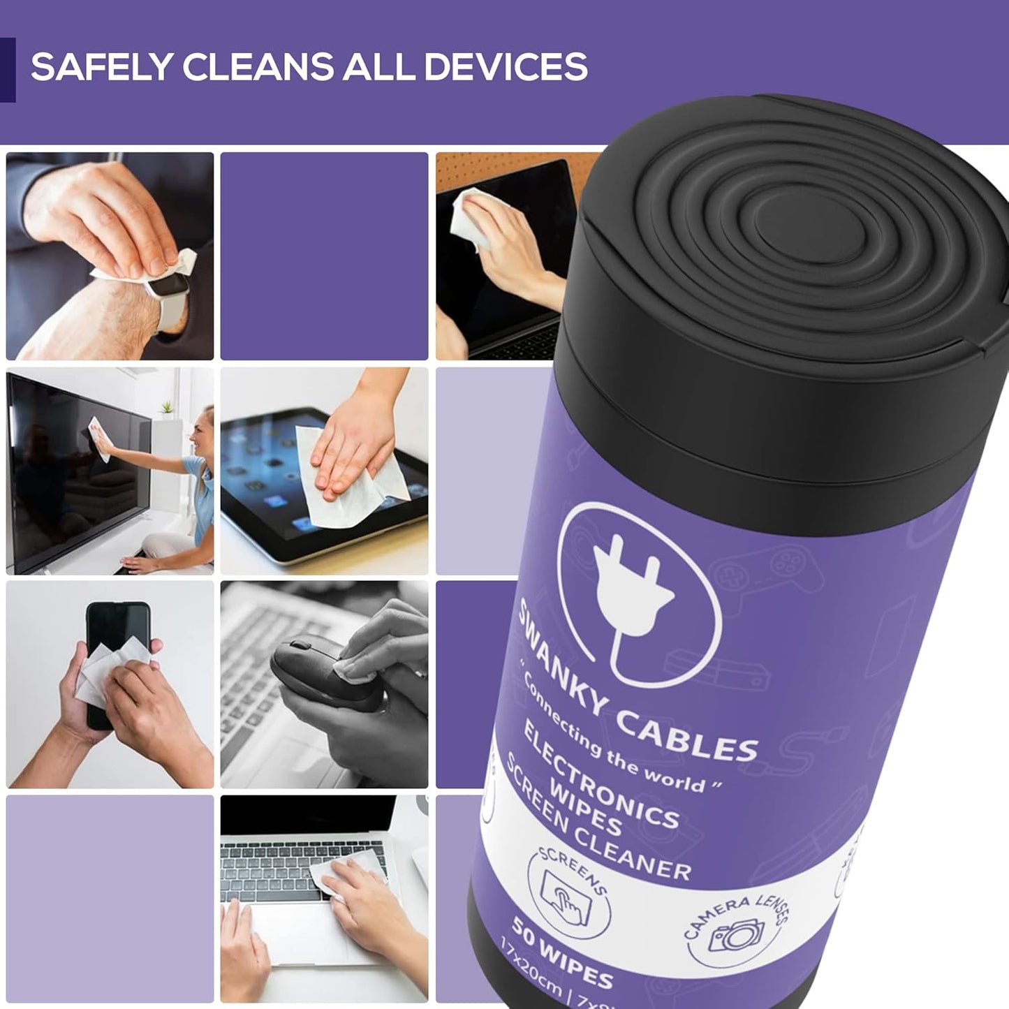Screen Cleaner Wipes: Electronic Wipes for Screens - Computer Screen Wipes for Lens, Phone, Tv Screen and Monitor Cleaning - Tech Wipes & Microfiber Cloth (Canister, 50 Count)