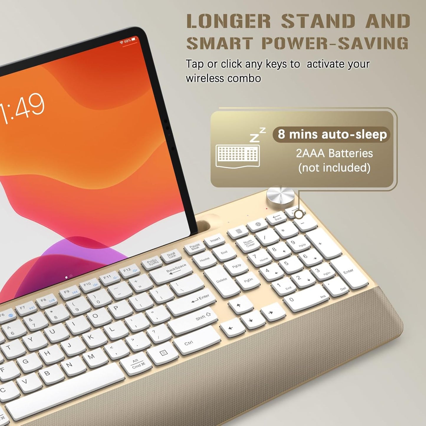 JOYACCESS Ergonomic Wireless Keyboard with Palm Rest & Tilt Angle, 2.4G Full-Size, Comfortable Typing, USB-C Adapter & Phone Holder for Mac/Windows -Gold White