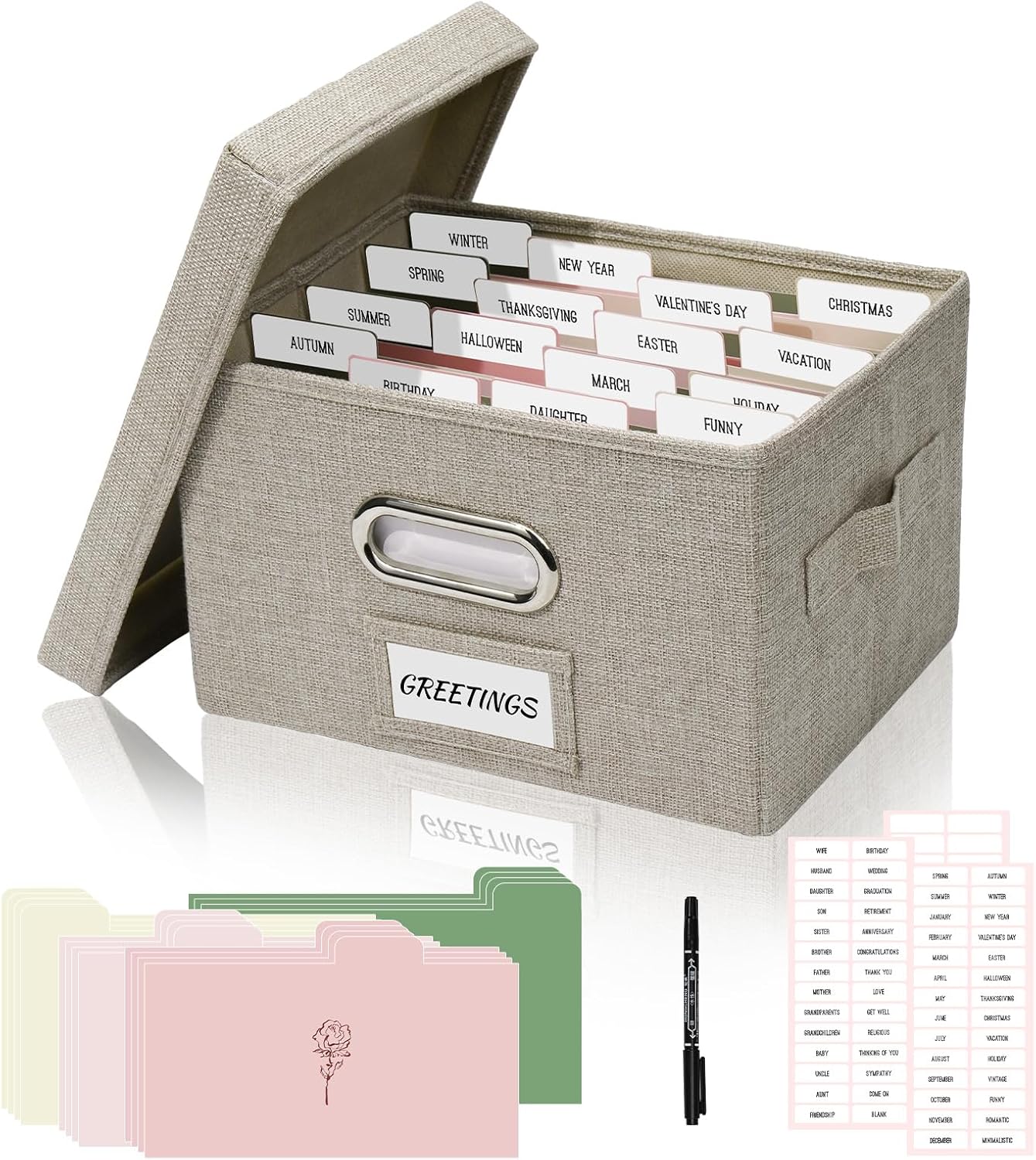 Greeting Card Storage Box, Linen Storage Box with 16 Adjustable Dividers, 84 Labels, 1 Marker Pen, Perfect for Organizing Greeting Cards, Envelopes, Photos 1 Pack Beige
