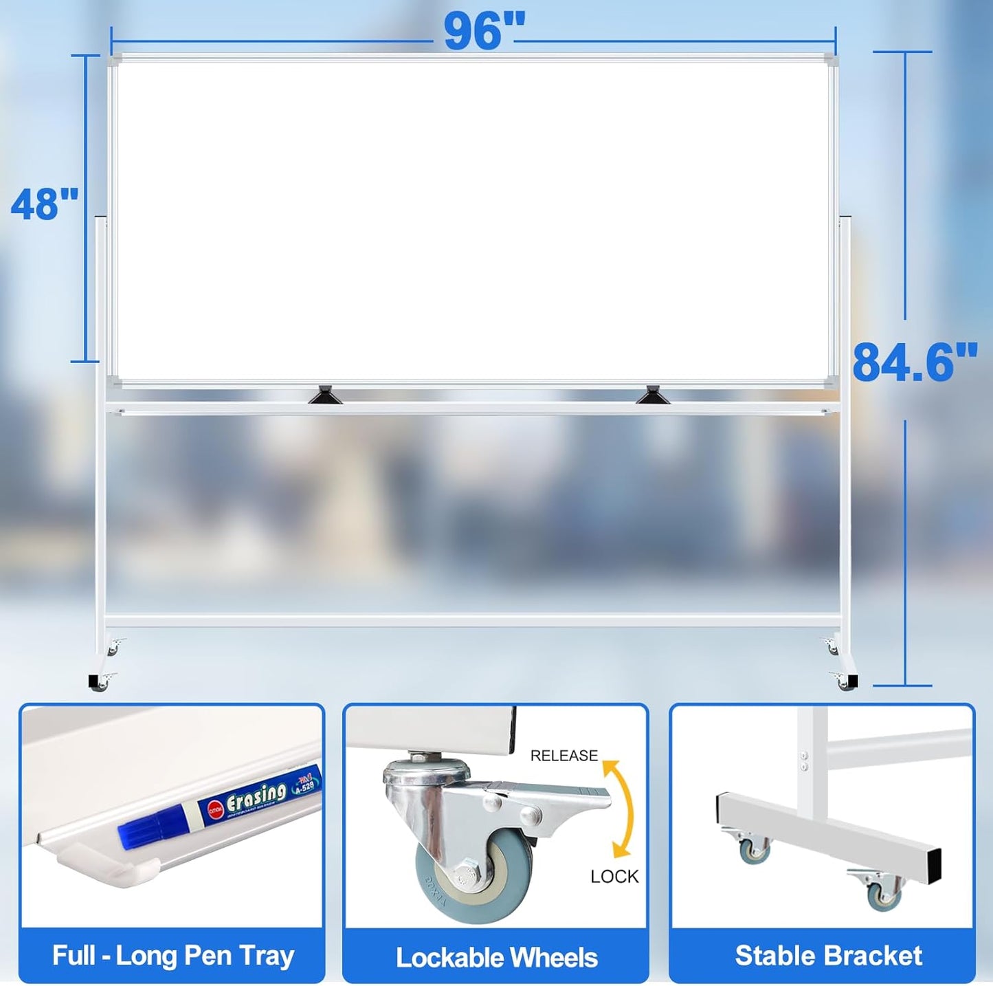 96"x48" Large Magnetic White Board Dry Erase Whiteboard with Rolling Stand 8’x4’ Double-Sided Mobile White Boards on Wheels, Including 3 Magnetic Erasers, 7 Markers, 30 Magnets